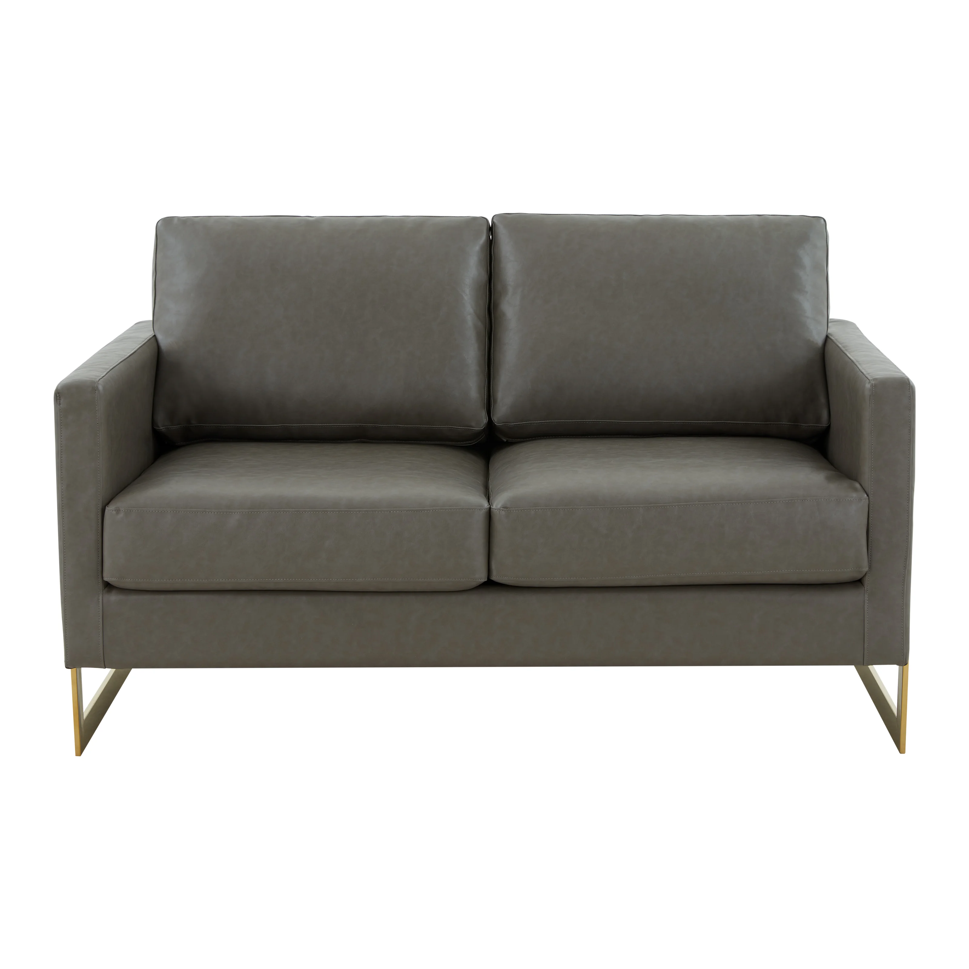Lincoln Modern Mid-Century Upholstered Leather Loveseat with Gold Frame