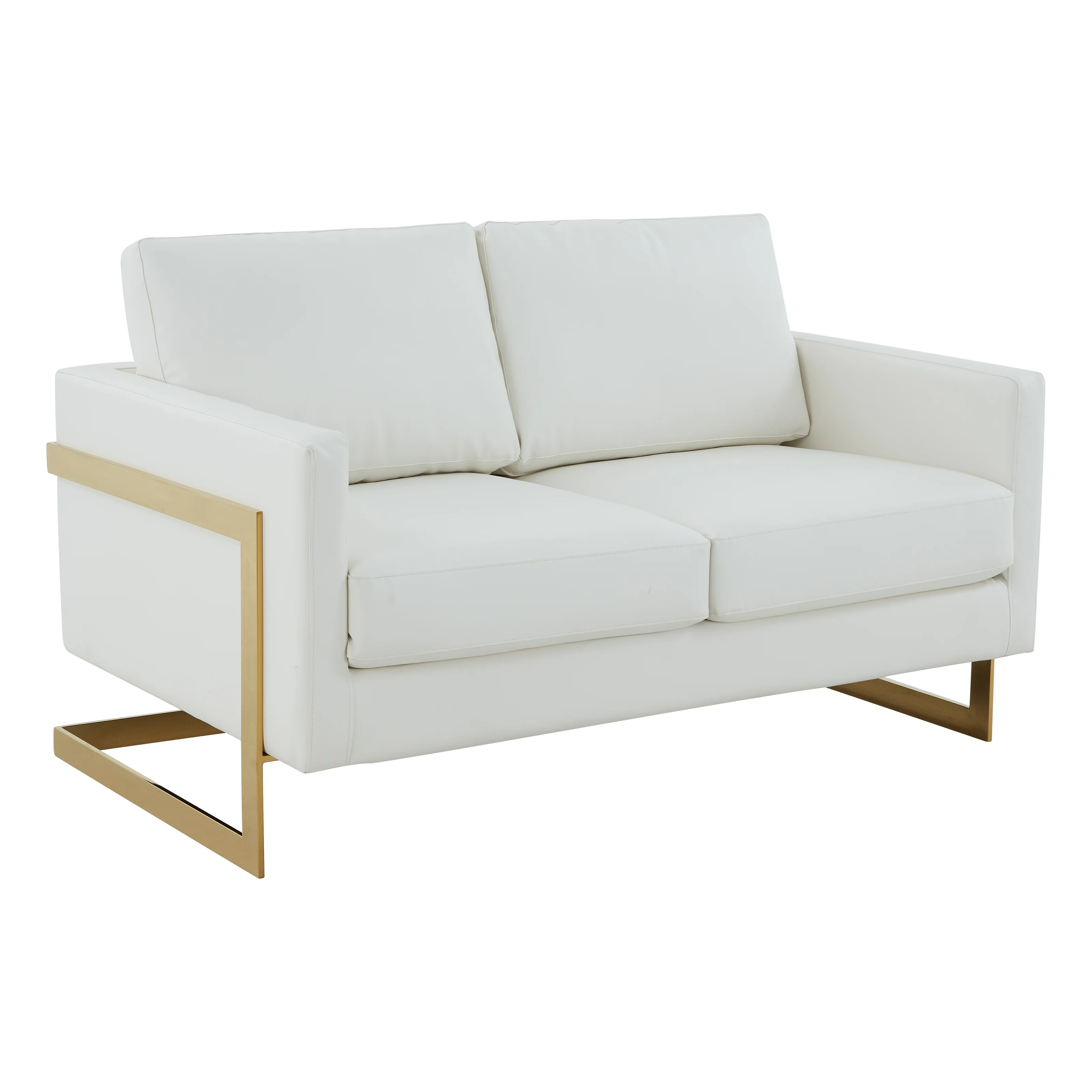 Lincoln Modern Mid-Century Upholstered Leather Loveseat with Gold Frame