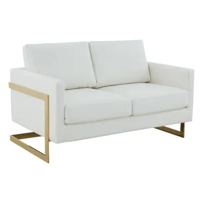Lincoln Modern Mid-Century Upholstered Leather Loveseat with Gold Frame
