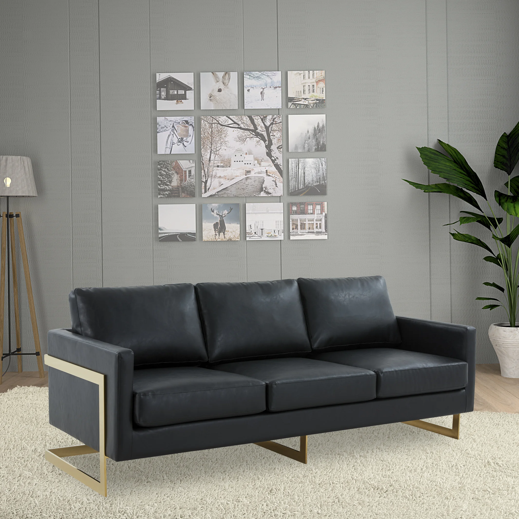 Lincoln Modern Mid-Century Upholstered Leather Sofa with Gold Frame