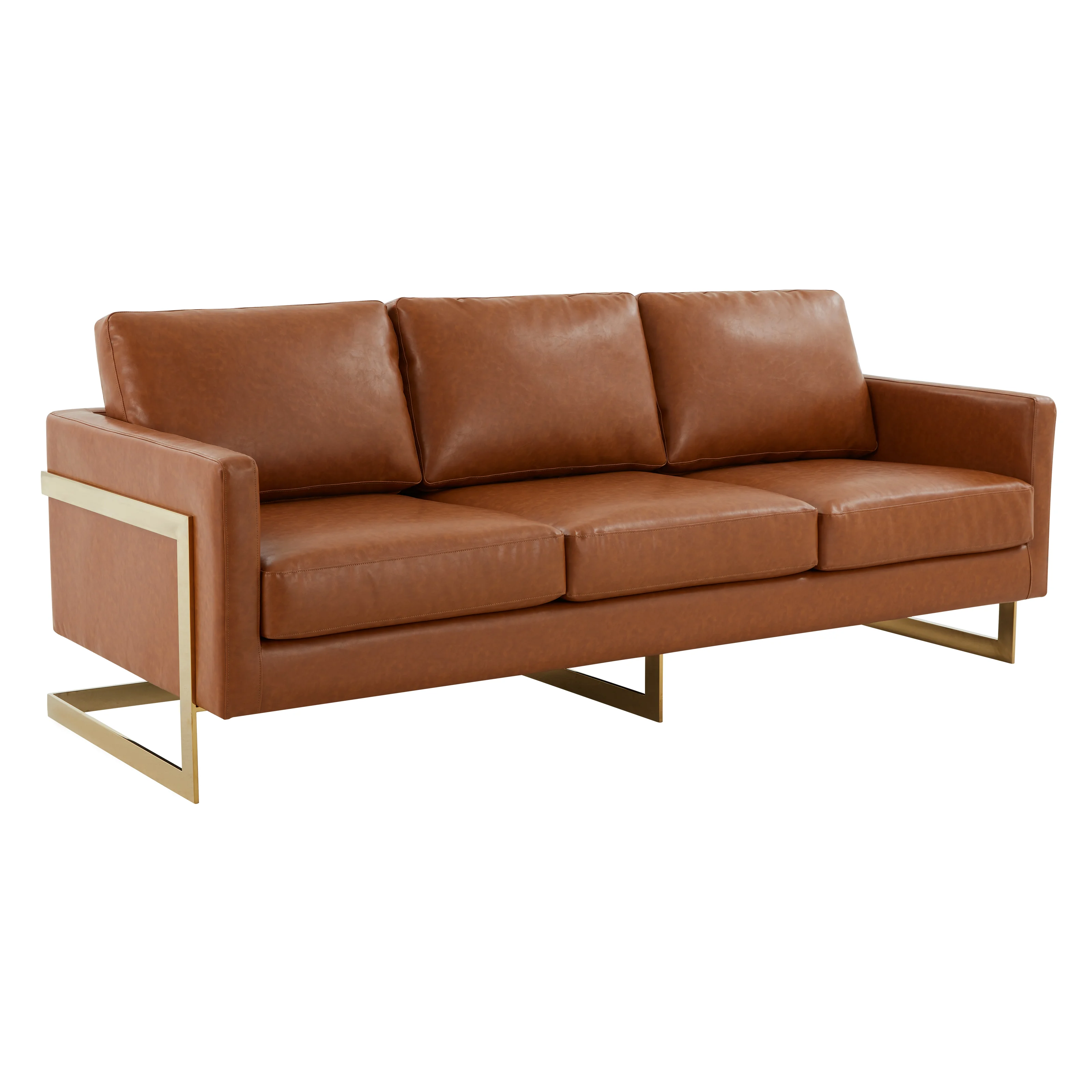 Lincoln Modern Mid-Century Upholstered Leather Sofa with Gold Frame