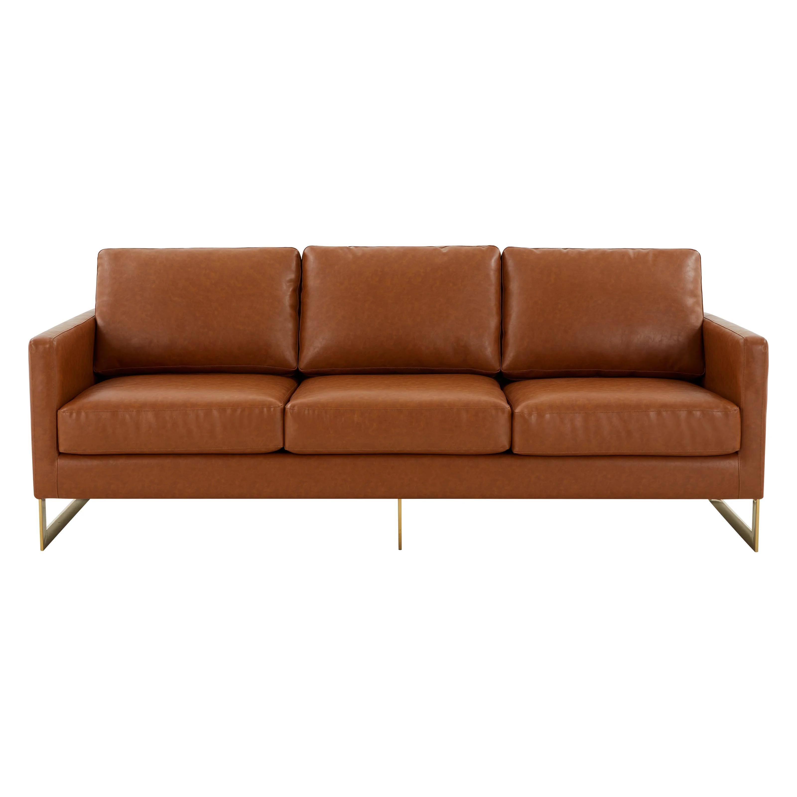 Lincoln Modern Mid-Century Upholstered Leather Sofa with Gold Frame