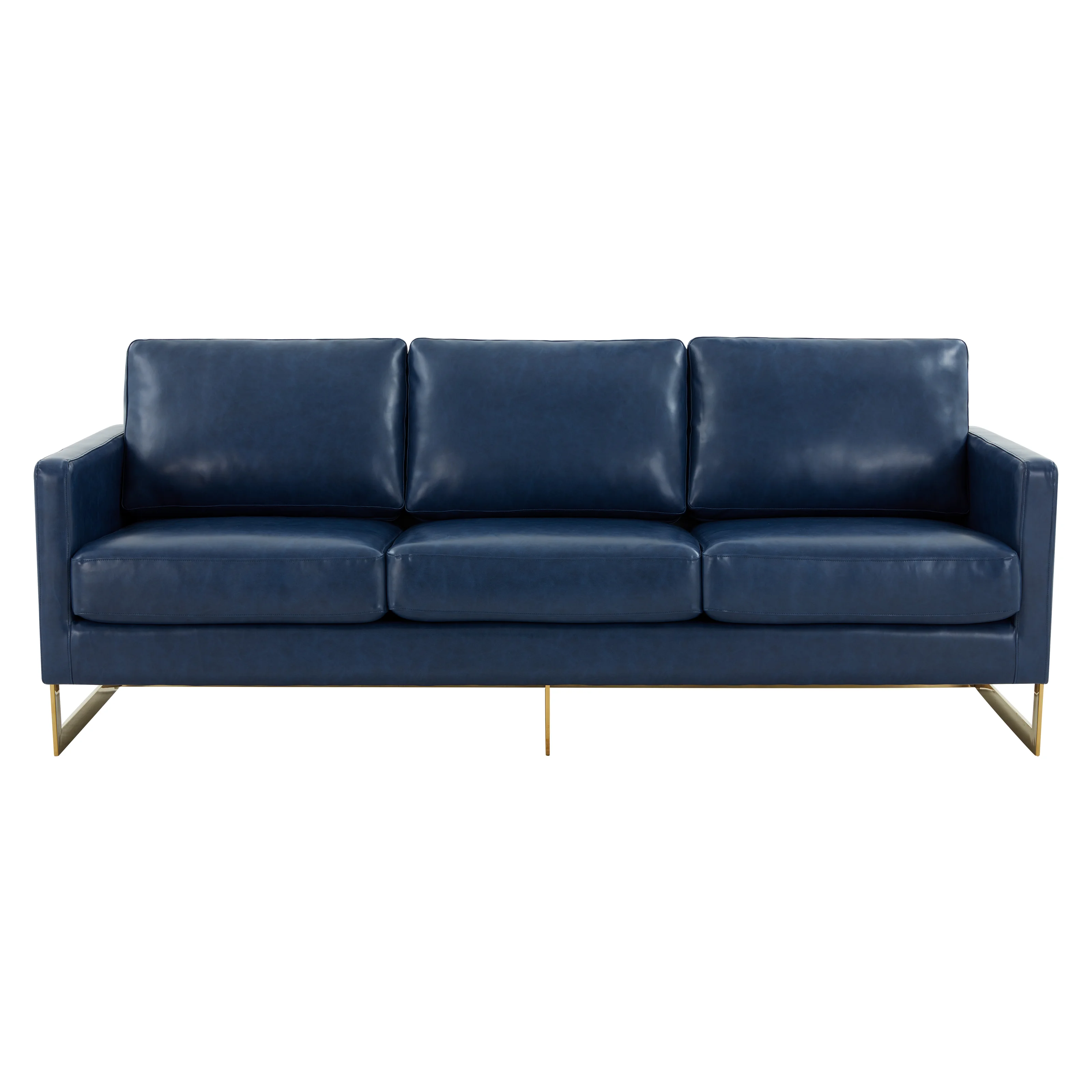 Lincoln Modern Mid-Century Upholstered Leather Sofa with Gold Frame
