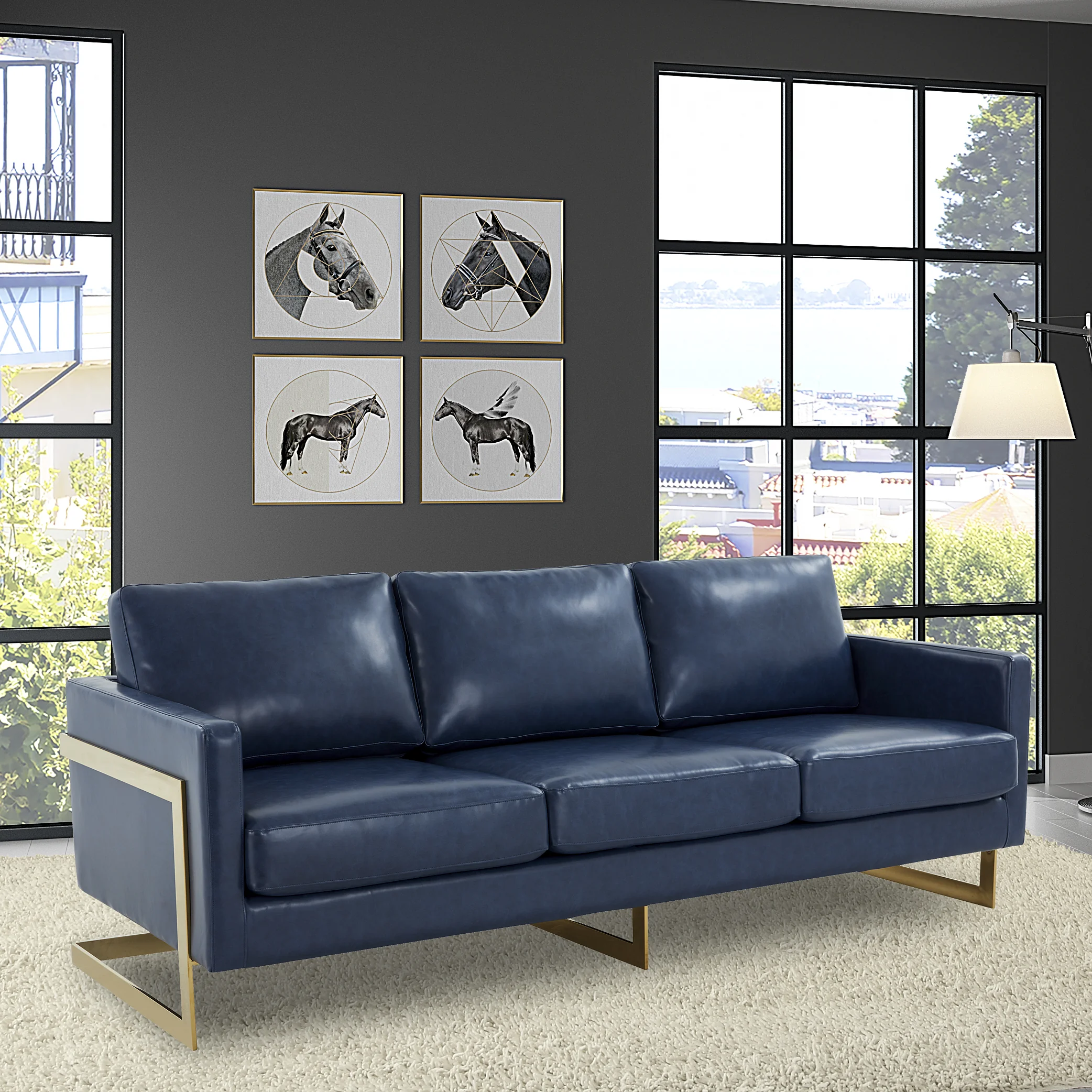 Lincoln Modern Mid-Century Upholstered Leather Sofa with Gold Frame