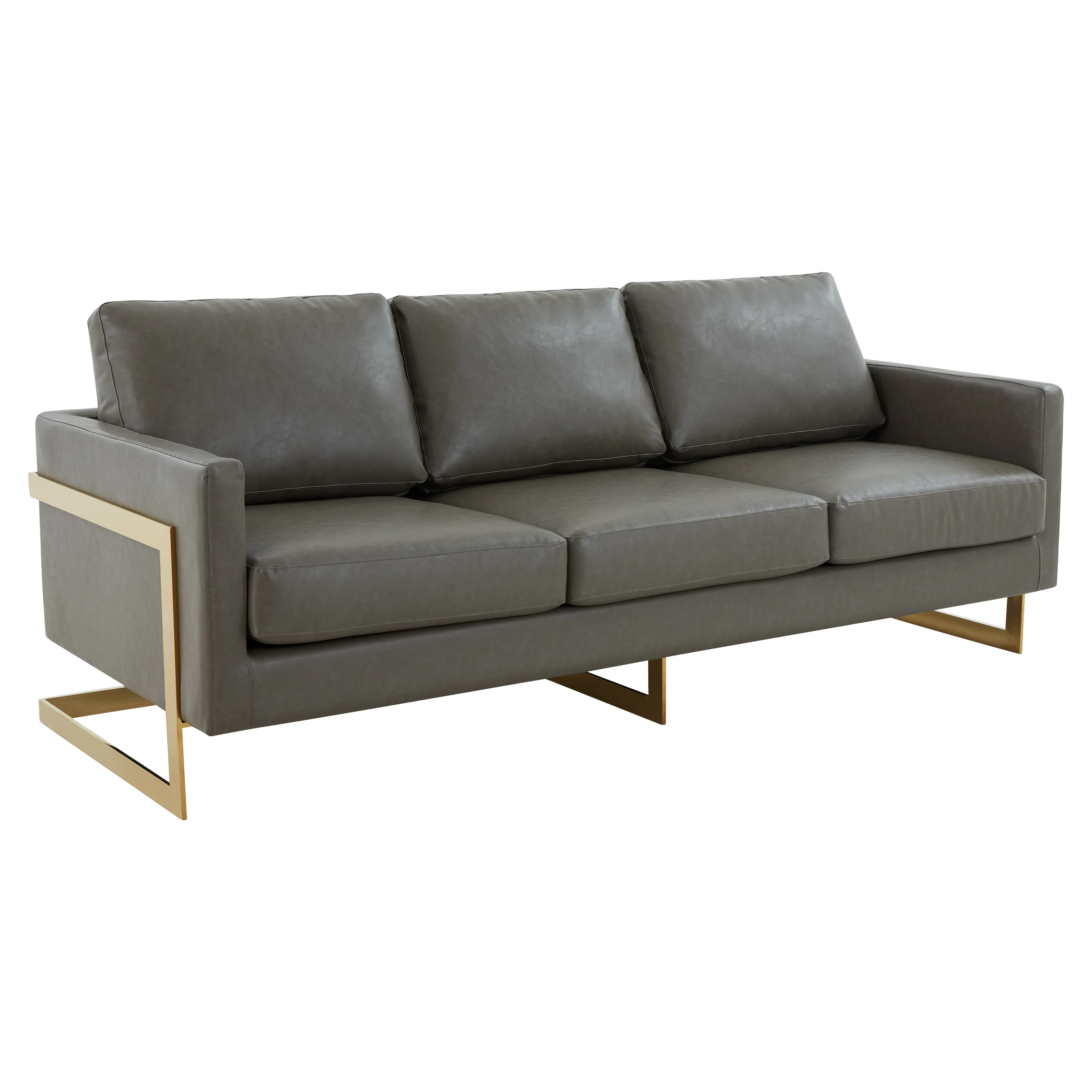Lincoln Modern Mid-Century Upholstered Leather Sofa with Gold Frame