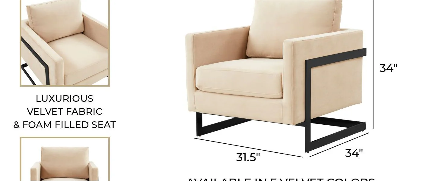 Lincoln Velvet Accent Armchair With Black Steel Frame in Light Grey