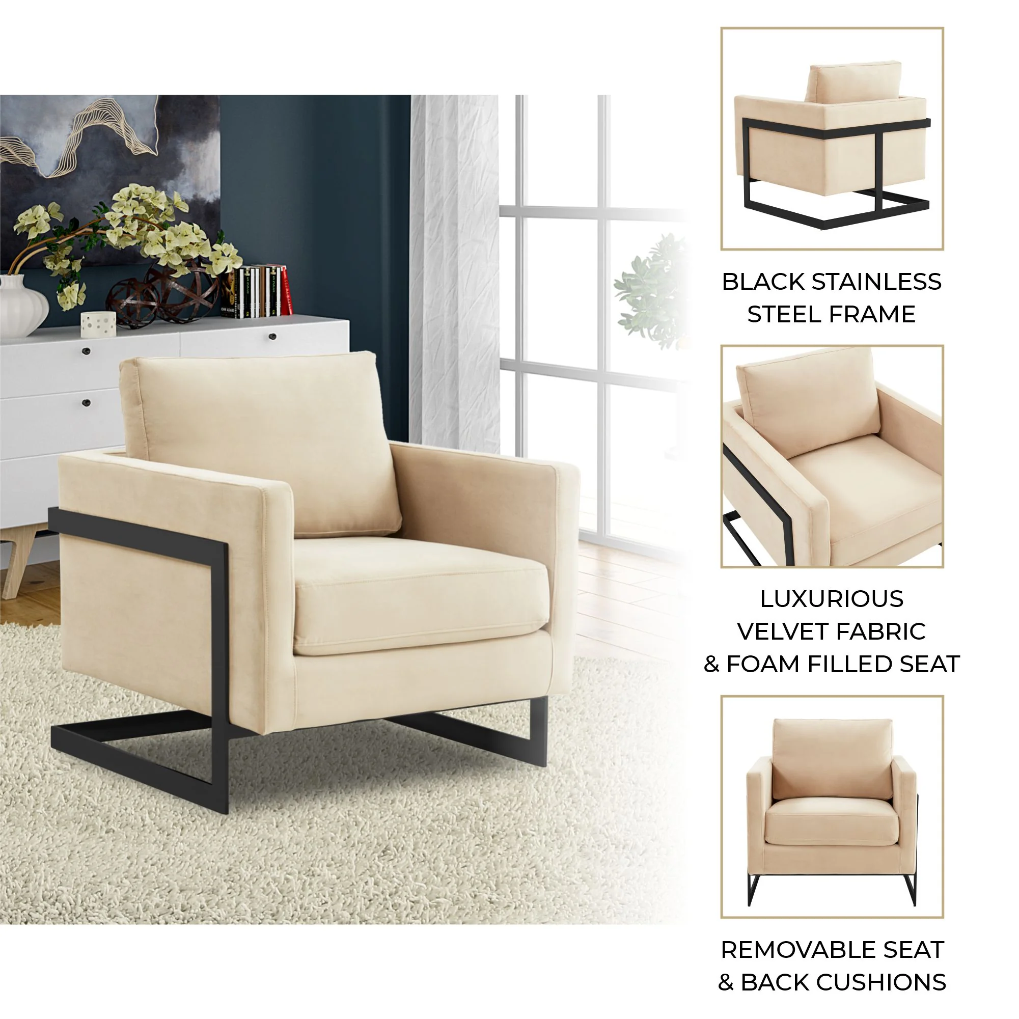 Lincoln Velvet Accent Armchair With Black Steel Frame in Light Grey