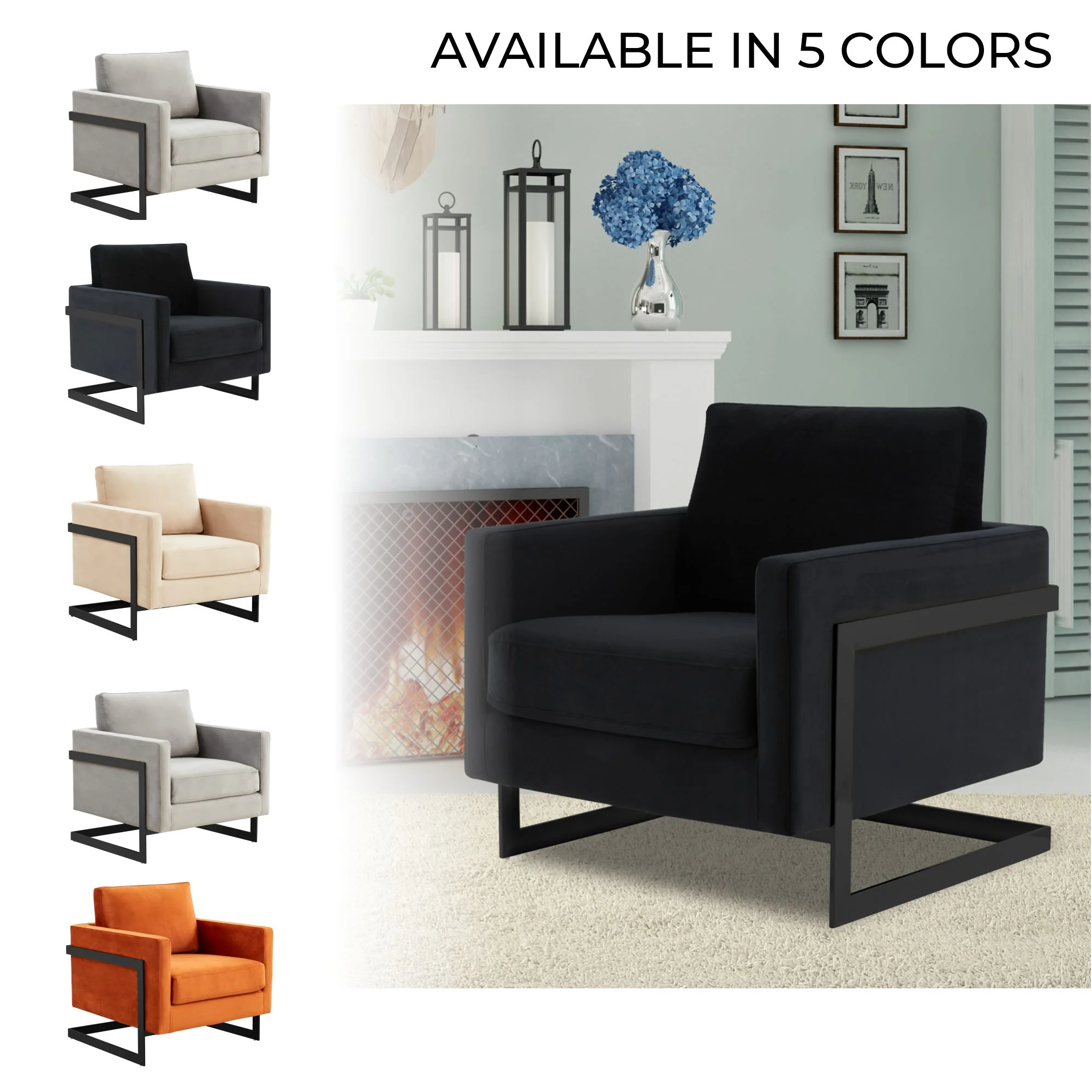 Lincoln Velvet Accent Armchair With Black Steel Frame in Light Grey