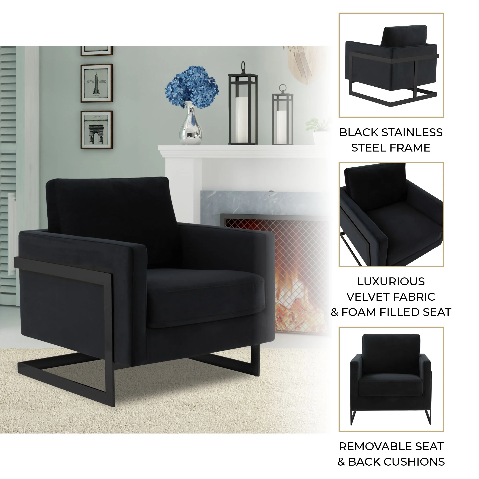 Lincoln Velvet Accent Armchair With Black Steel Frame in Light Grey