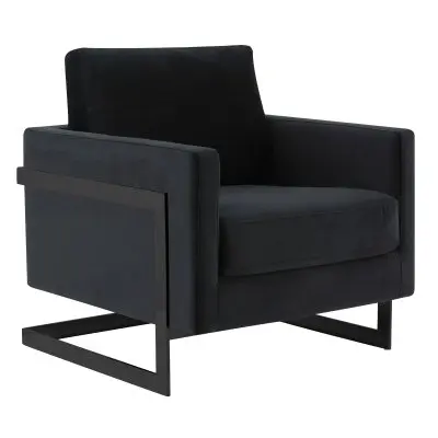 Lincoln Velvet Accent Armchair With Black Steel Frame in Light Grey