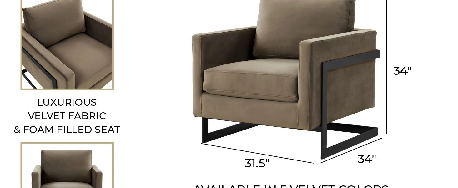 Lincoln Velvet Accent Armchair With Black Steel Frame in Light Grey