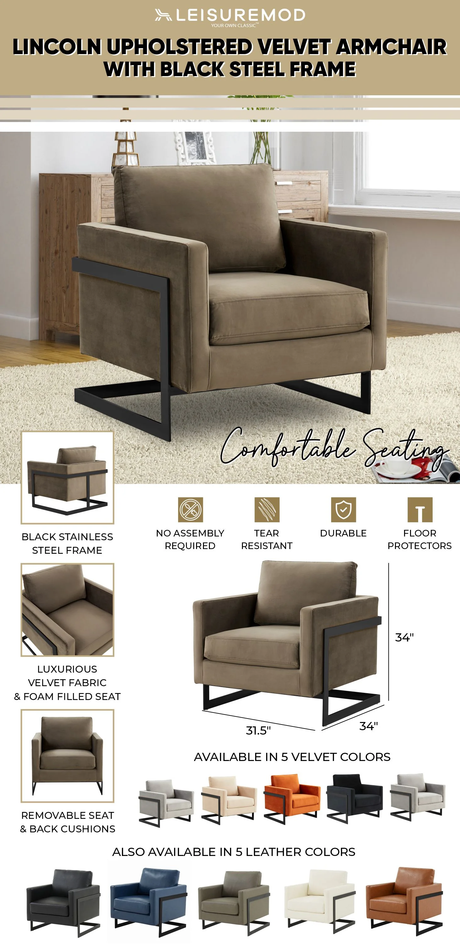 Lincoln Velvet Accent Armchair With Black Steel Frame in Light Grey