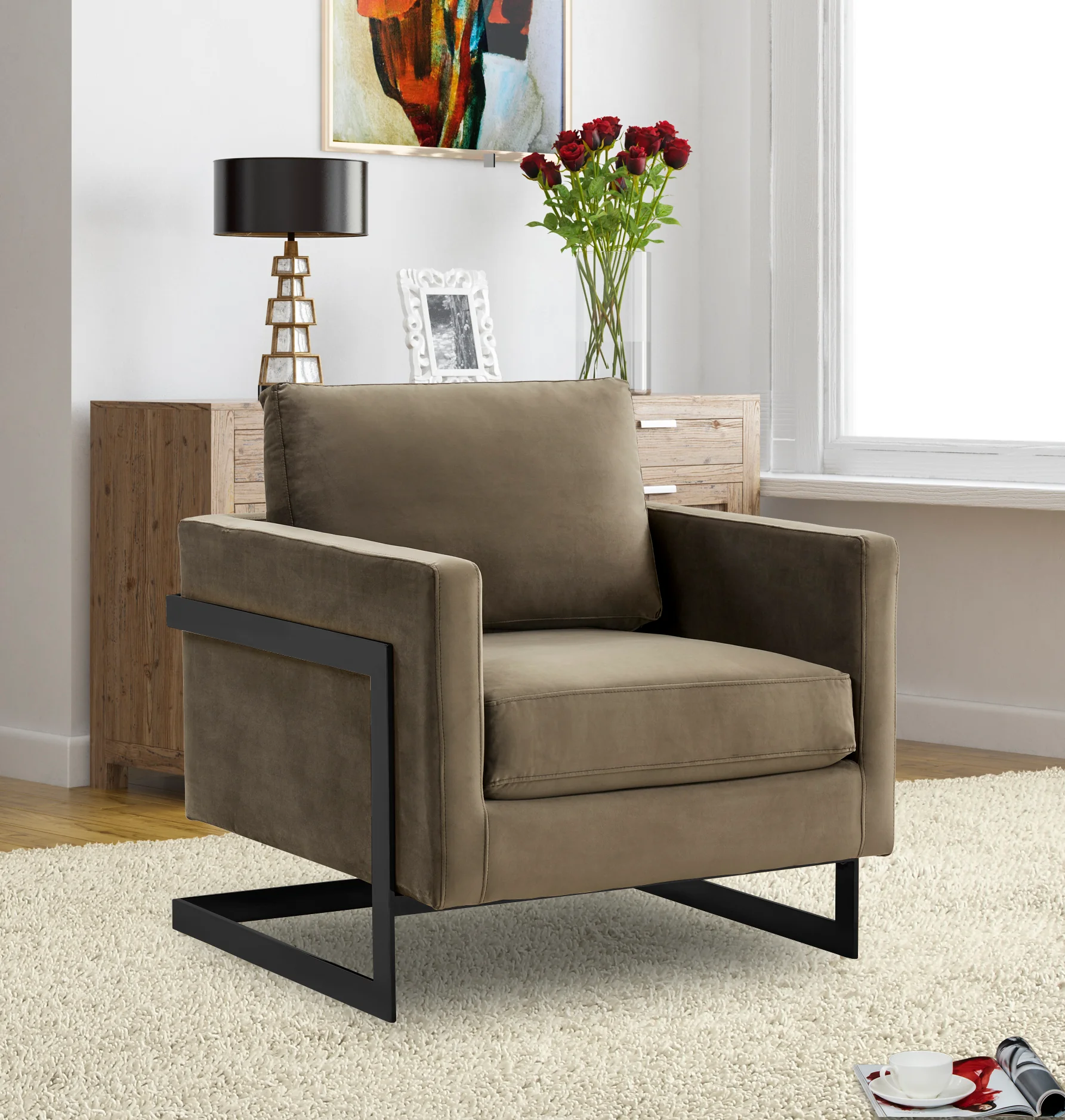 Lincoln Velvet Accent Armchair With Black Steel Frame in Light Grey