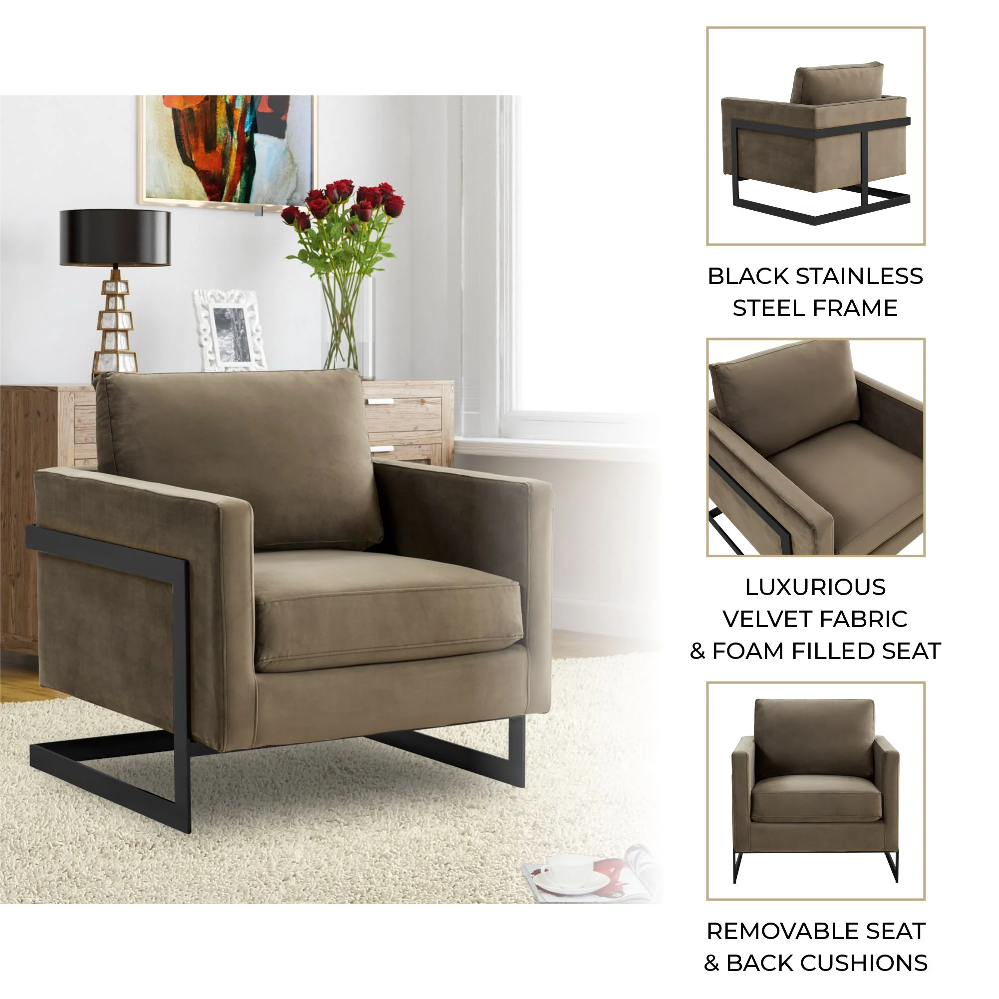 Lincoln Velvet Accent Armchair With Black Steel Frame in Light Grey