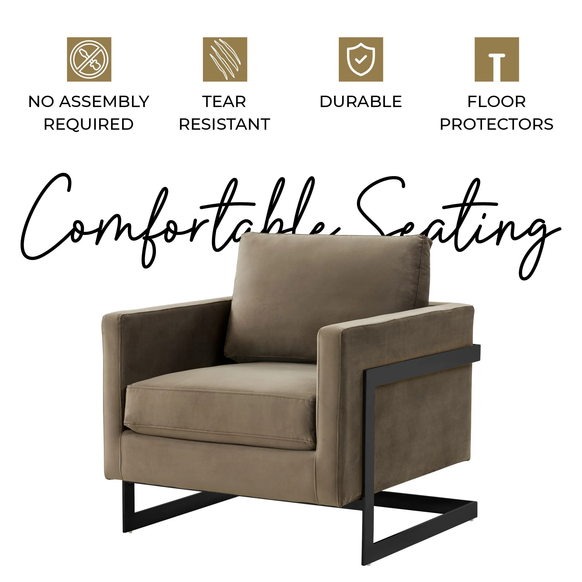 Lincoln Velvet Accent Armchair With Black Steel Frame in Light Grey