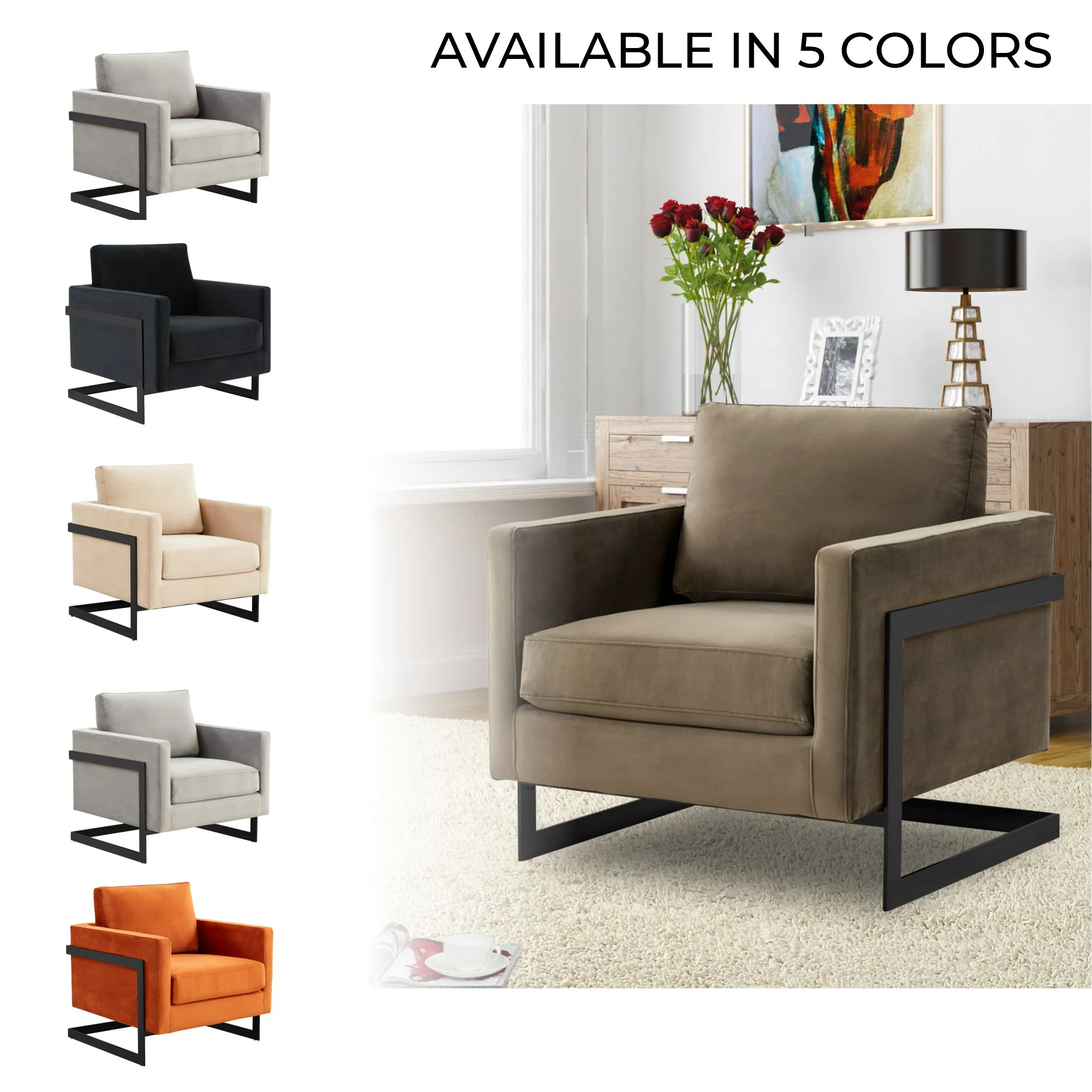 Lincoln Velvet Accent Armchair With Black Steel Frame in Light Grey