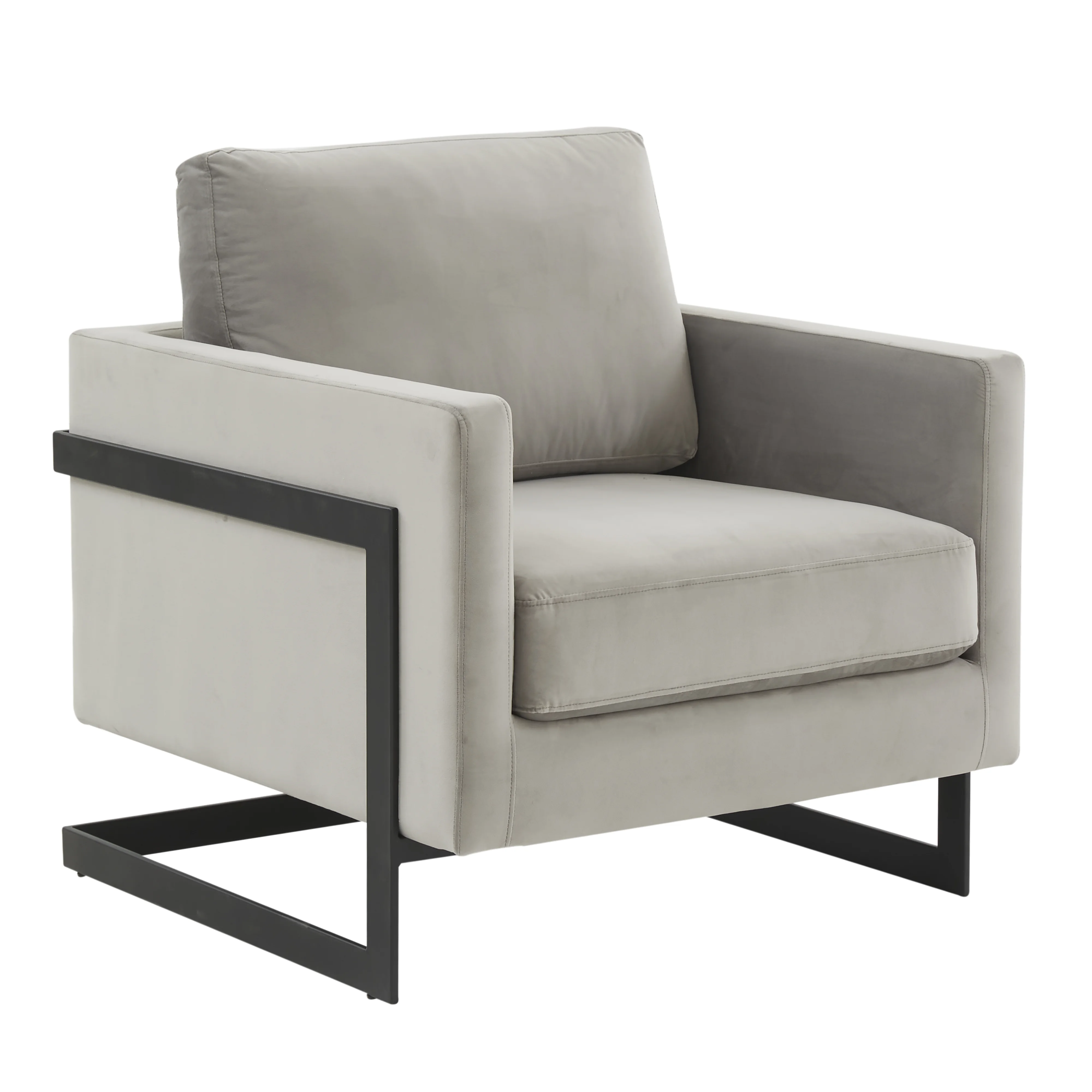 Lincoln Velvet Accent Armchair With Black Steel Frame in Light Grey
