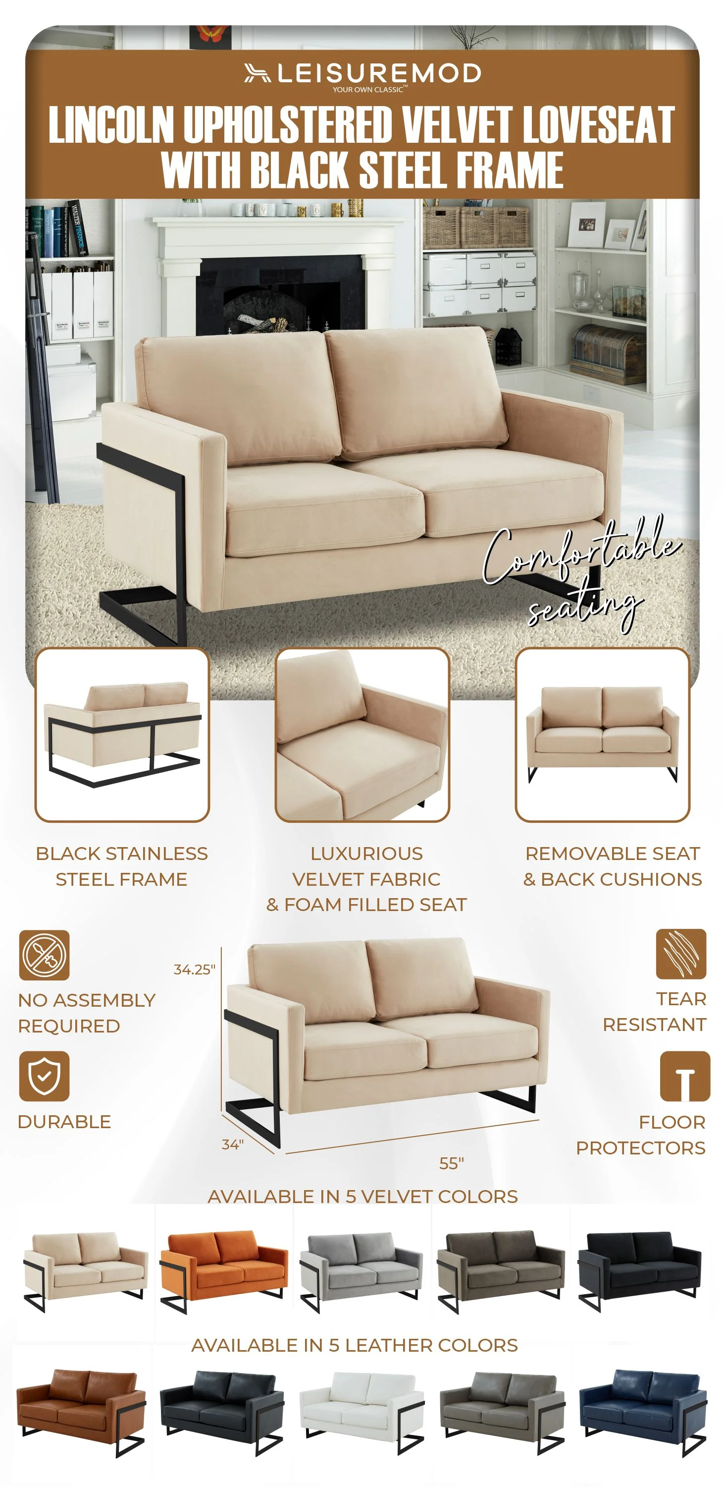 Lincoln Beige Velvet Loveseat With Black Frame