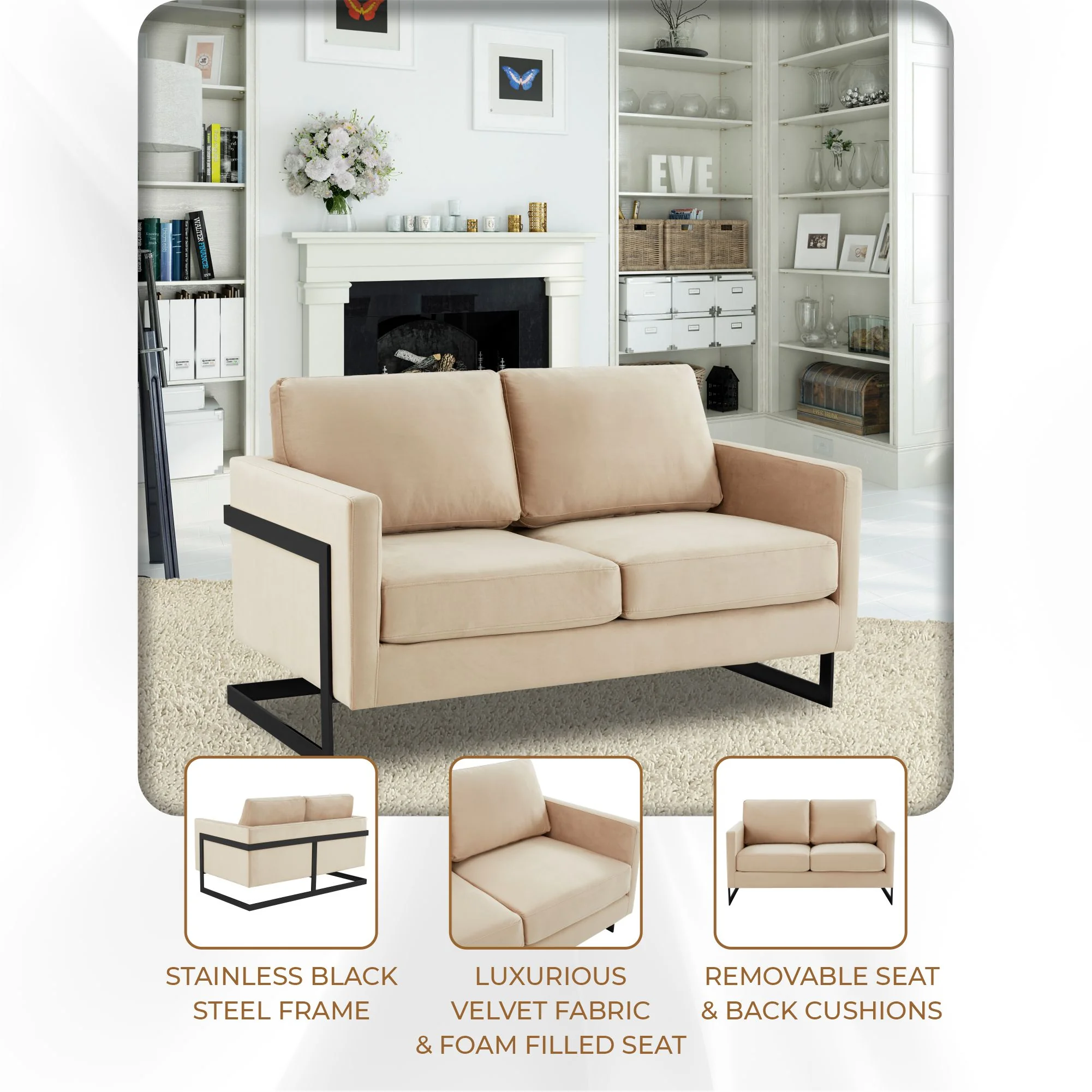 Lincoln Beige Velvet Loveseat With Black Frame