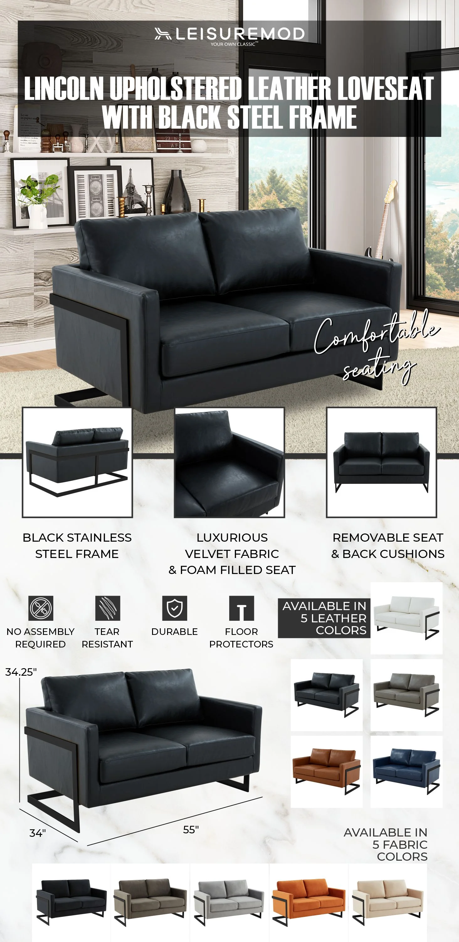 Lincoln Black Leather Loveseat With Black Frame