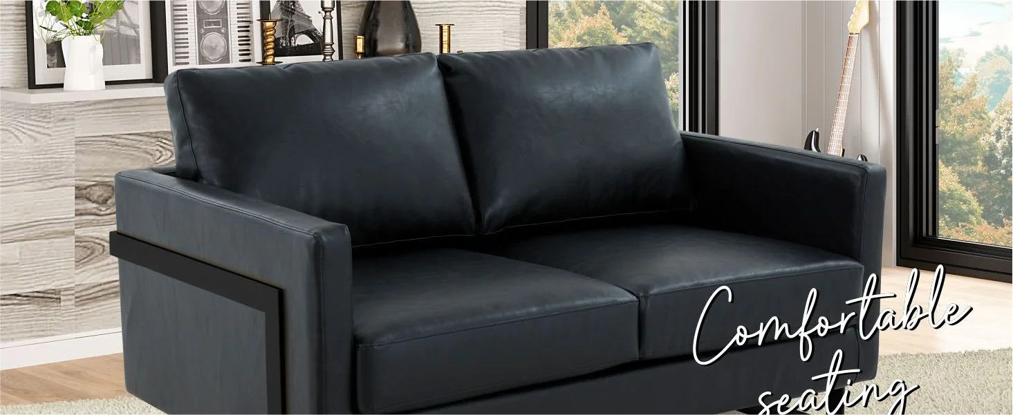 Lincoln Black Leather Loveseat With Black Frame