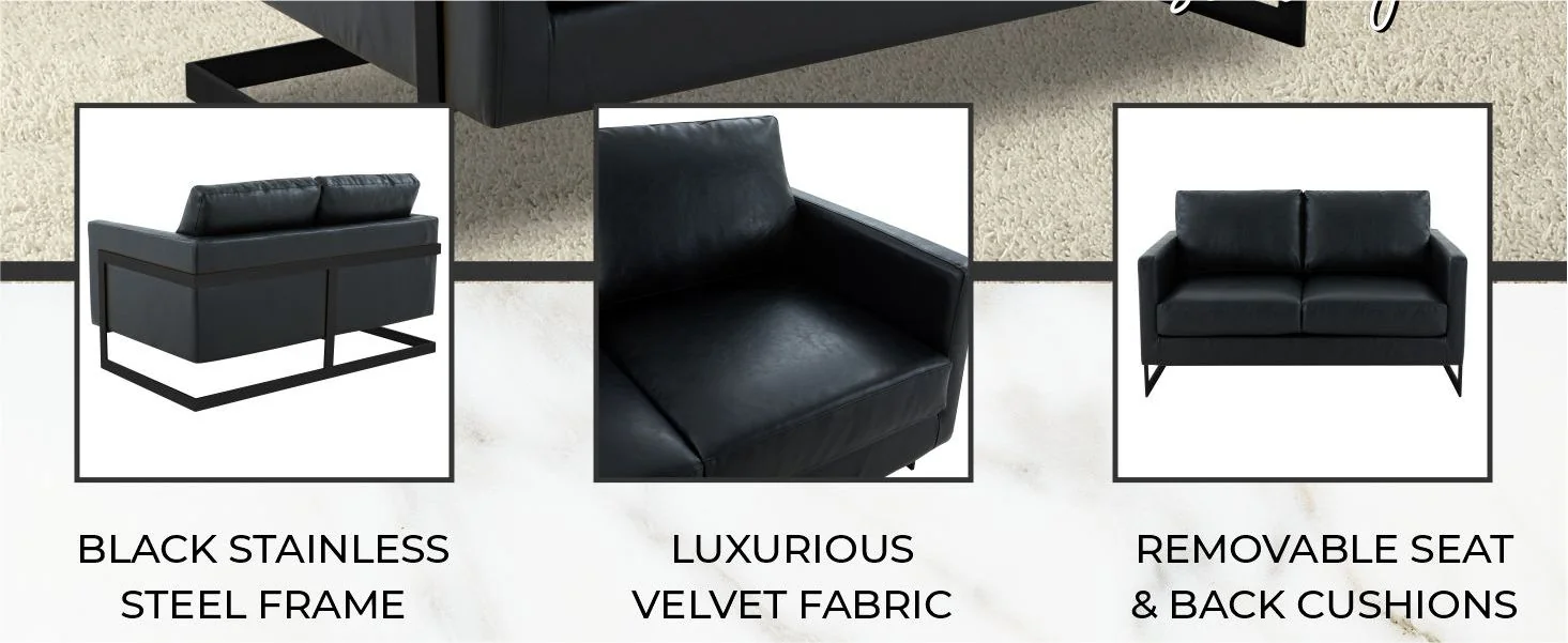 Lincoln Black Leather Loveseat With Black Frame