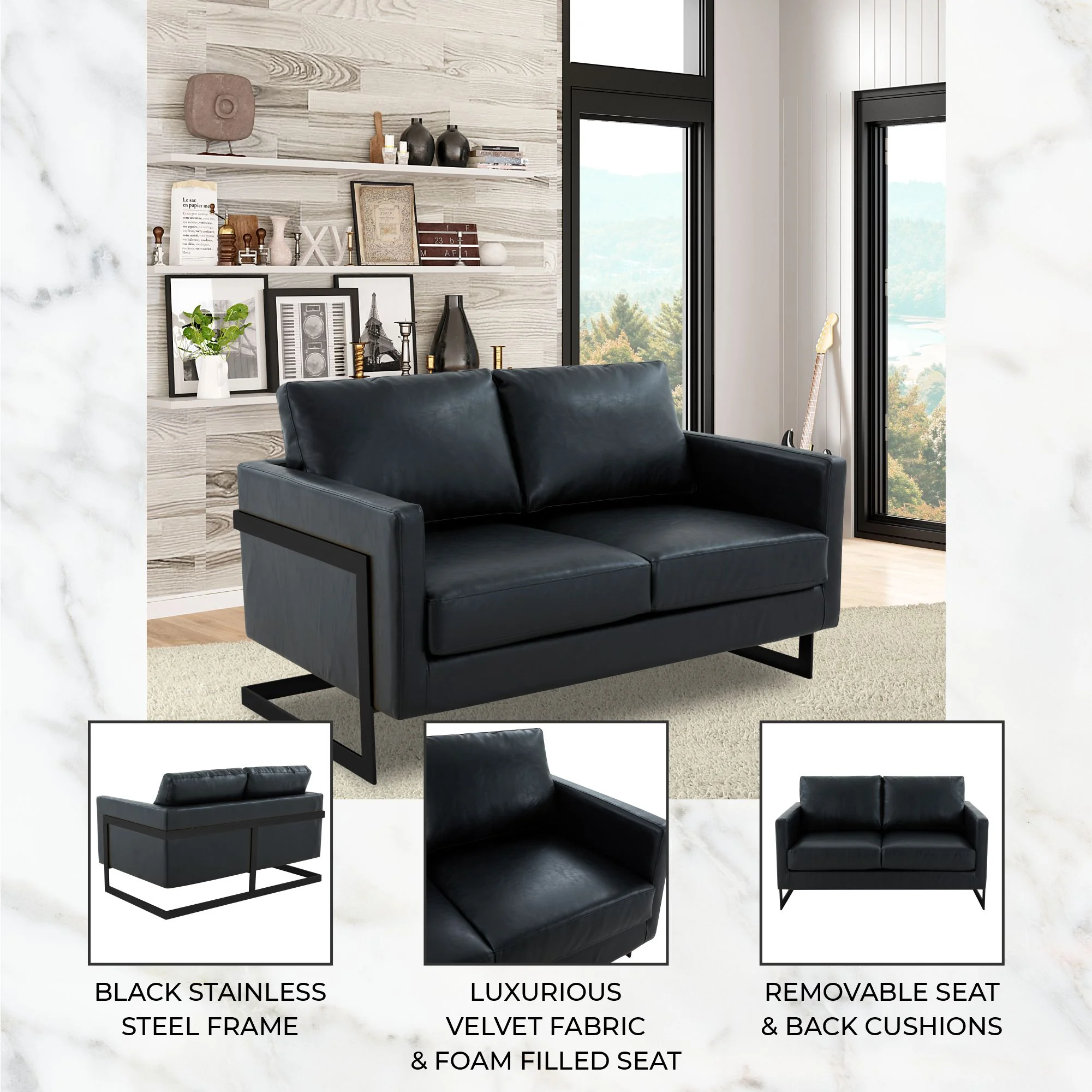 Lincoln Black Leather Loveseat With Black Frame