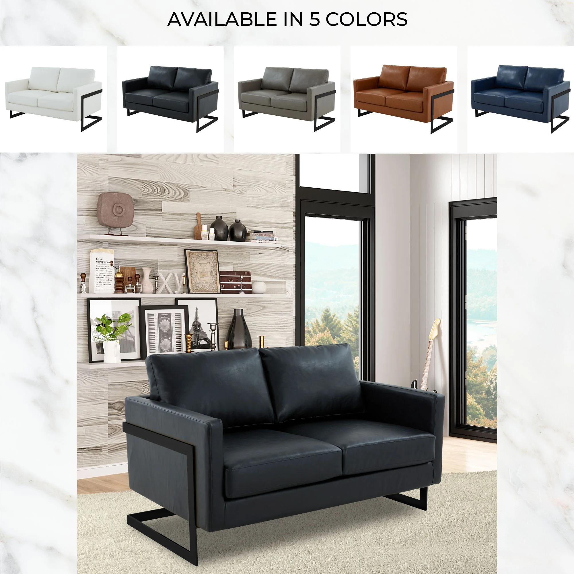 Lincoln Black Leather Loveseat With Black Frame