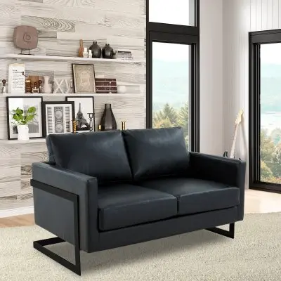 Lincoln Black Leather Loveseat With Black Frame