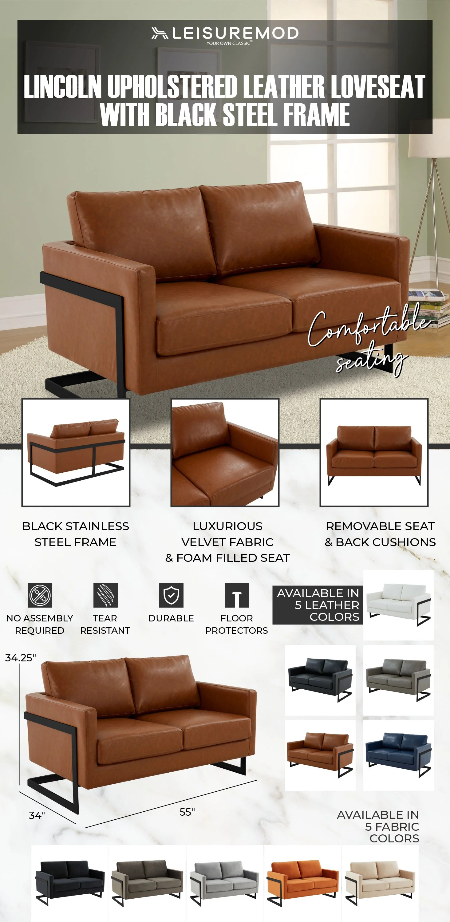 Lincoln Brown Leather Loveseat With Black Frame