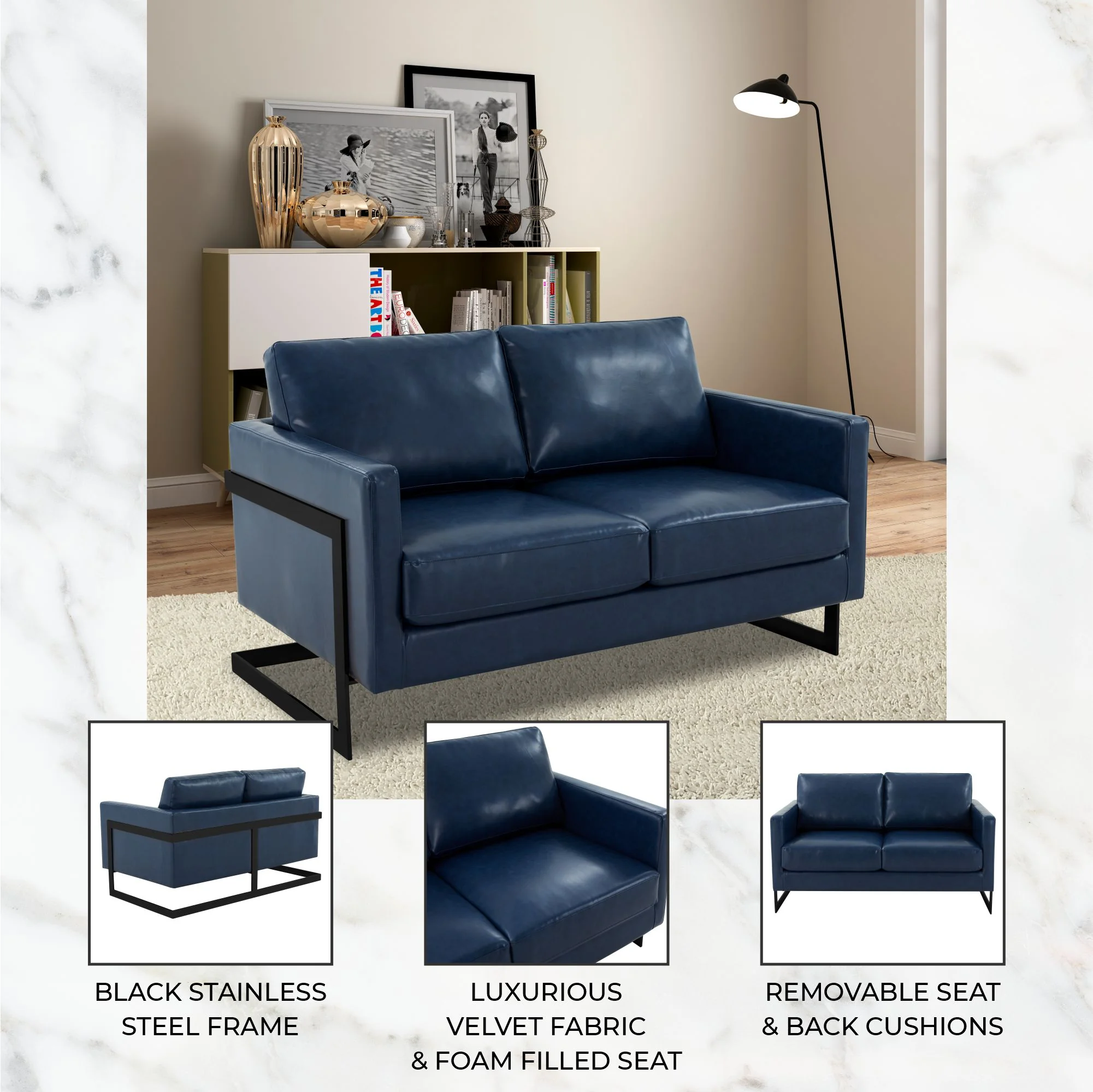 Lincoln Blue Leather Loveseat With Black Frame