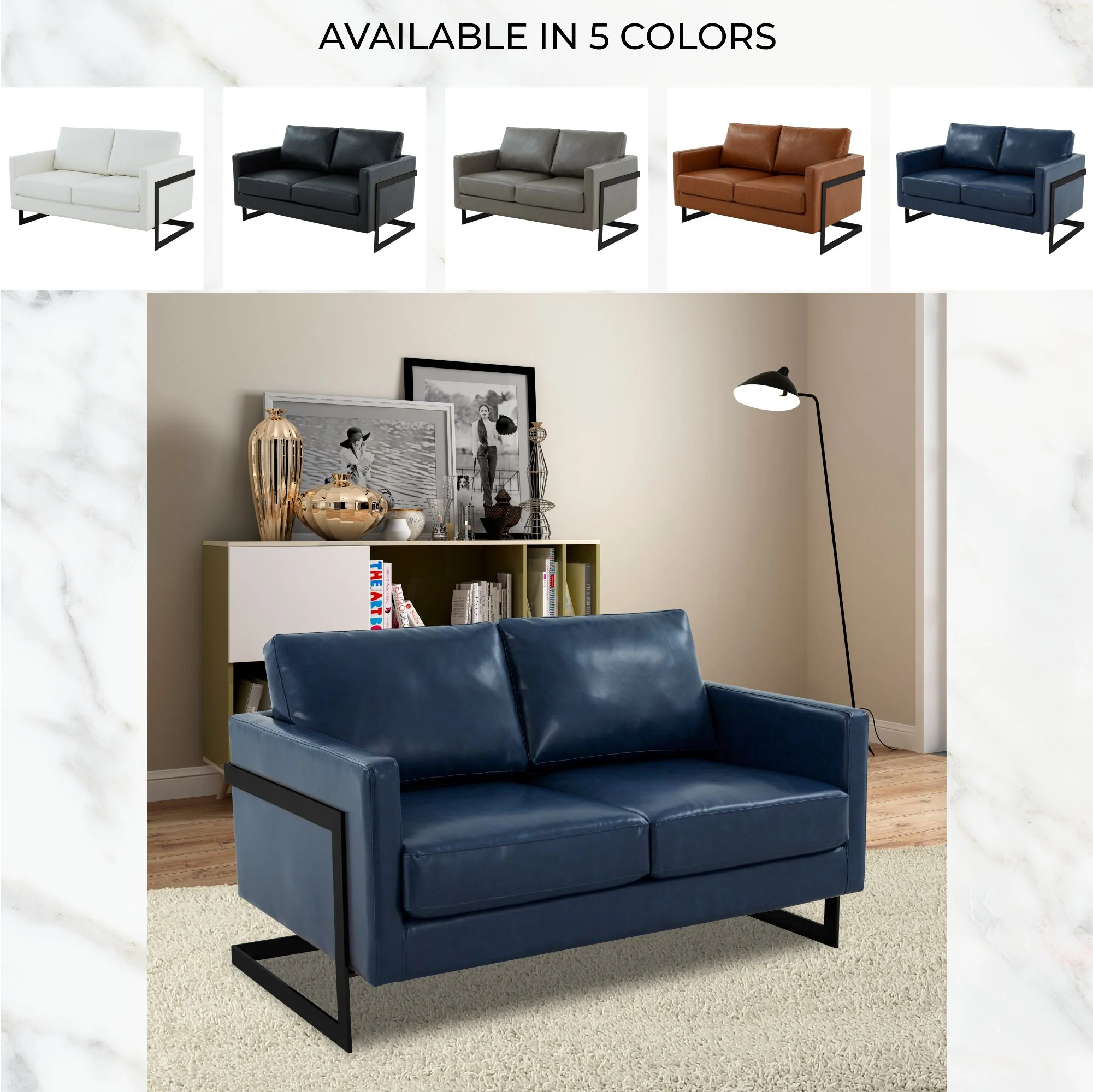 Lincoln Blue Leather Loveseat With Black Frame