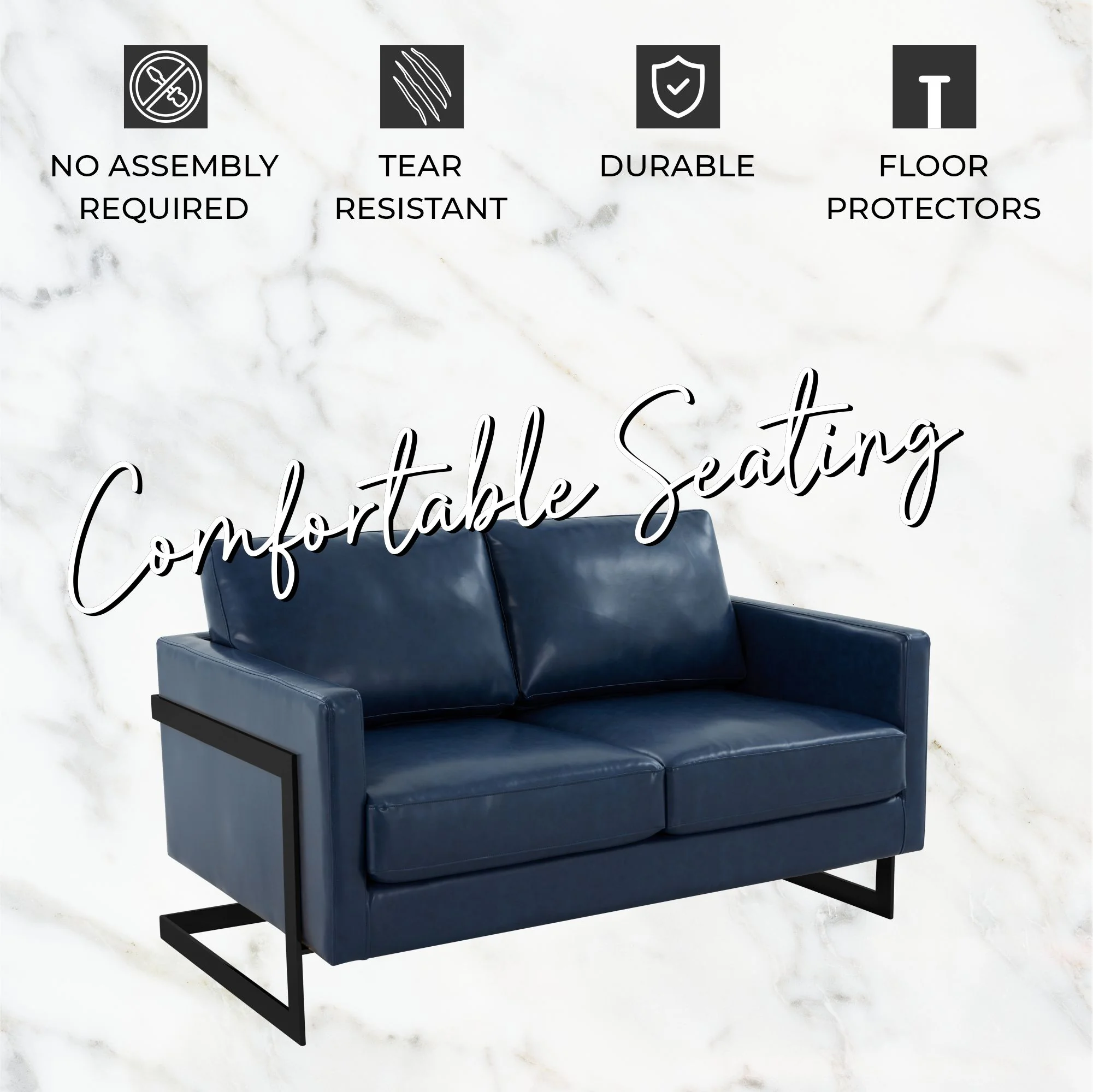 Lincoln Blue Leather Loveseat With Black Frame