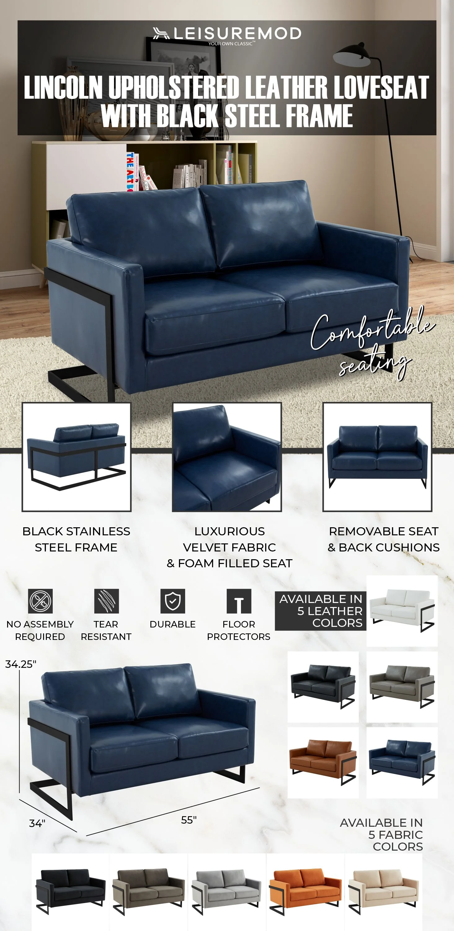 Lincoln Blue Leather Loveseat With Black Frame