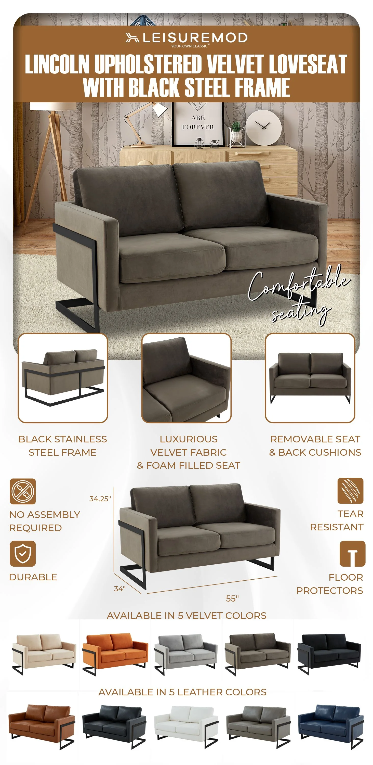 Lincoln Dark Grey Velvet Loveseat With Black Frame