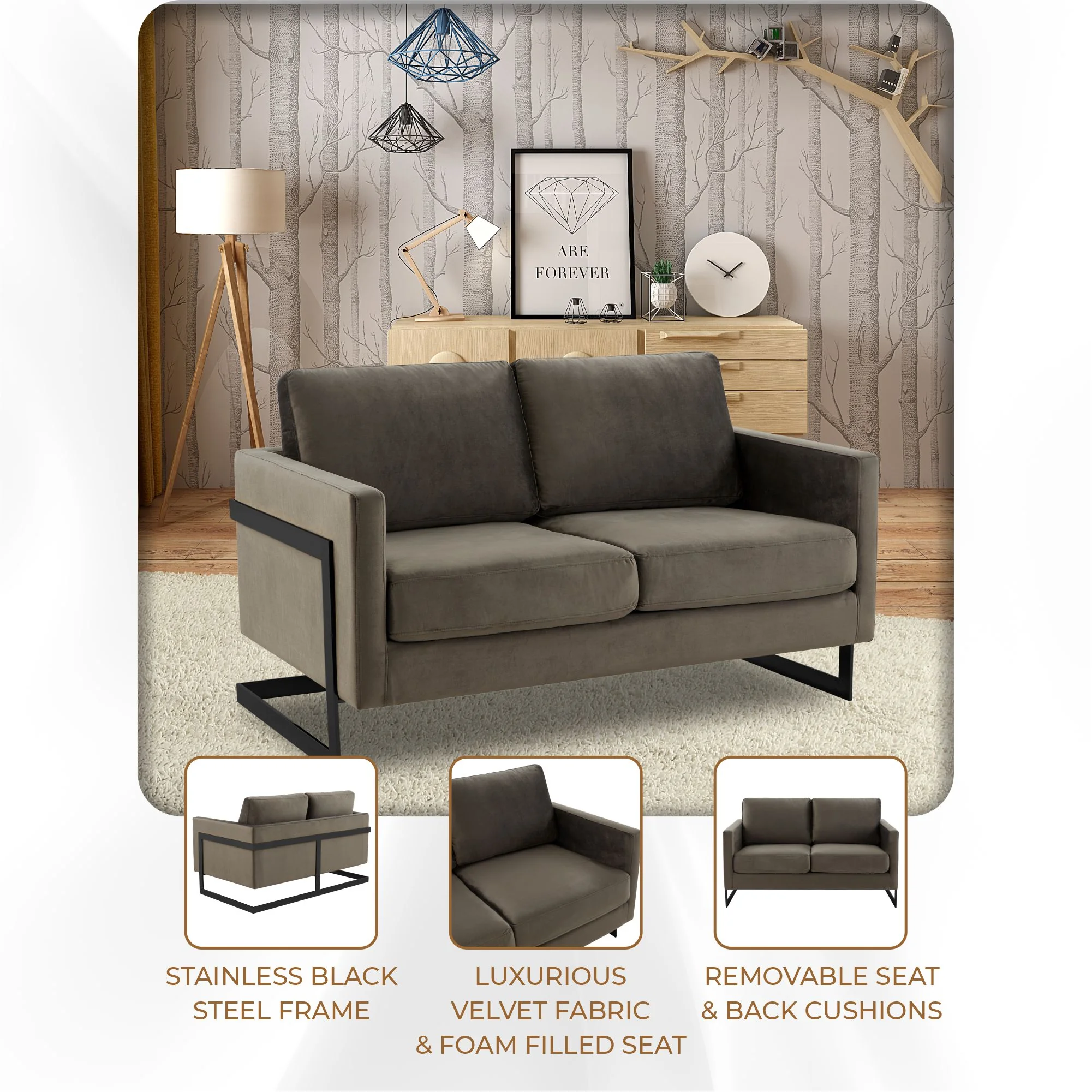 Lincoln Dark Grey Velvet Loveseat With Black Frame