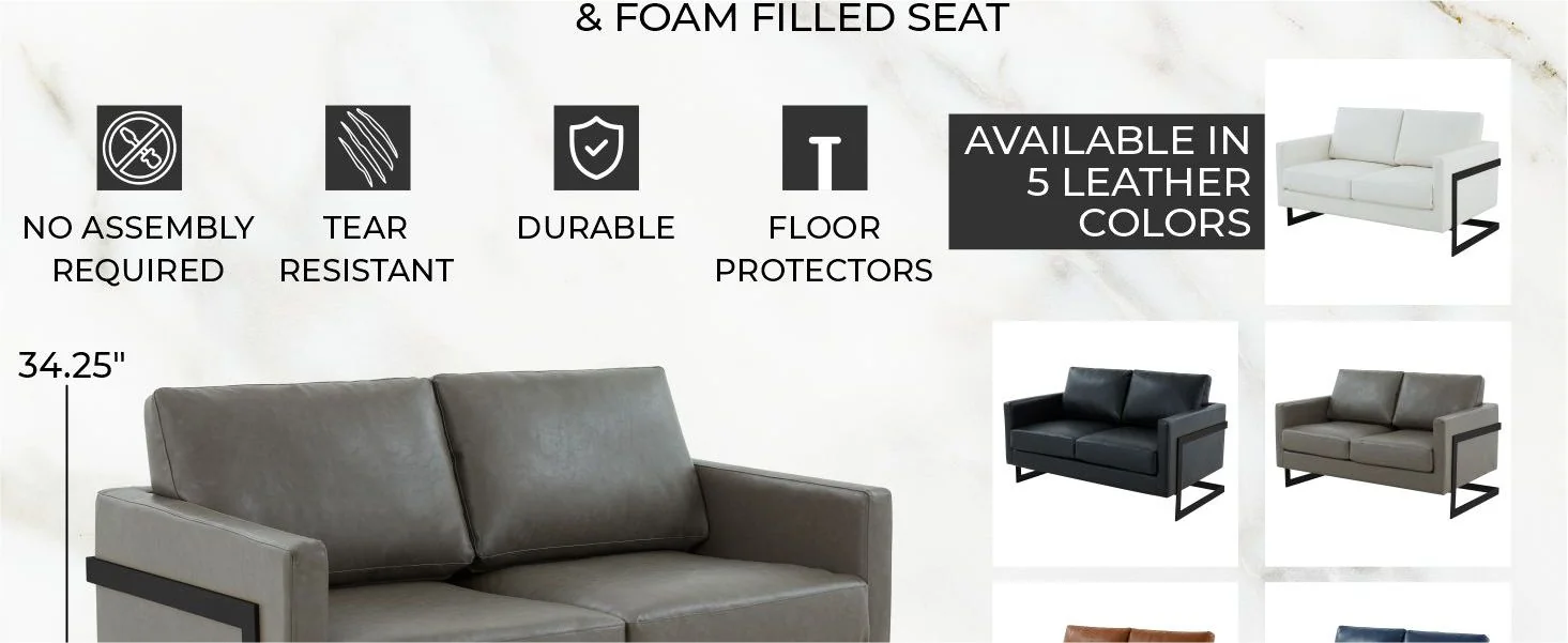 Lincoln Grey Leather Loveseat With Black Frame