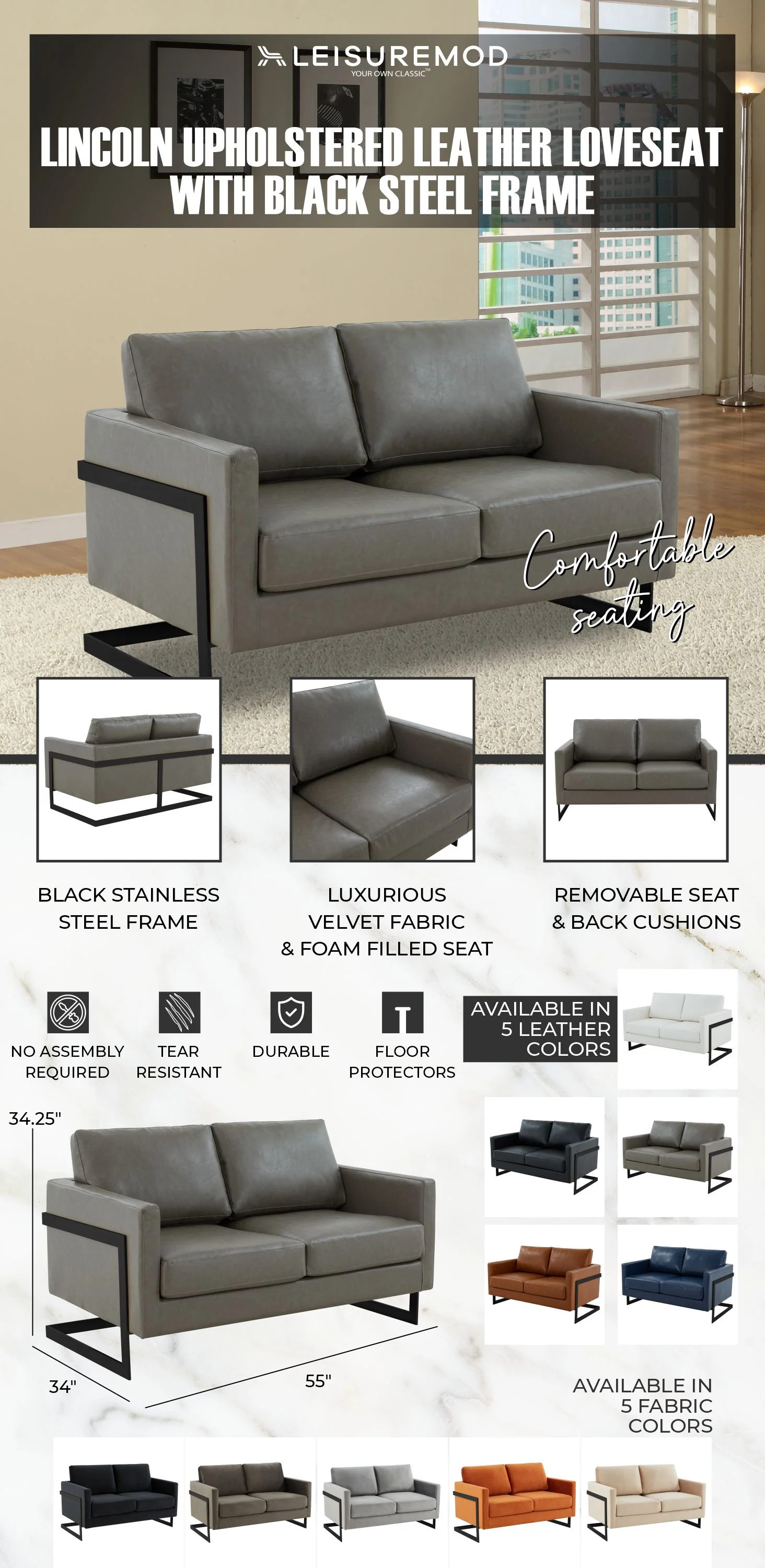 Lincoln Grey Leather Loveseat With Black Frame