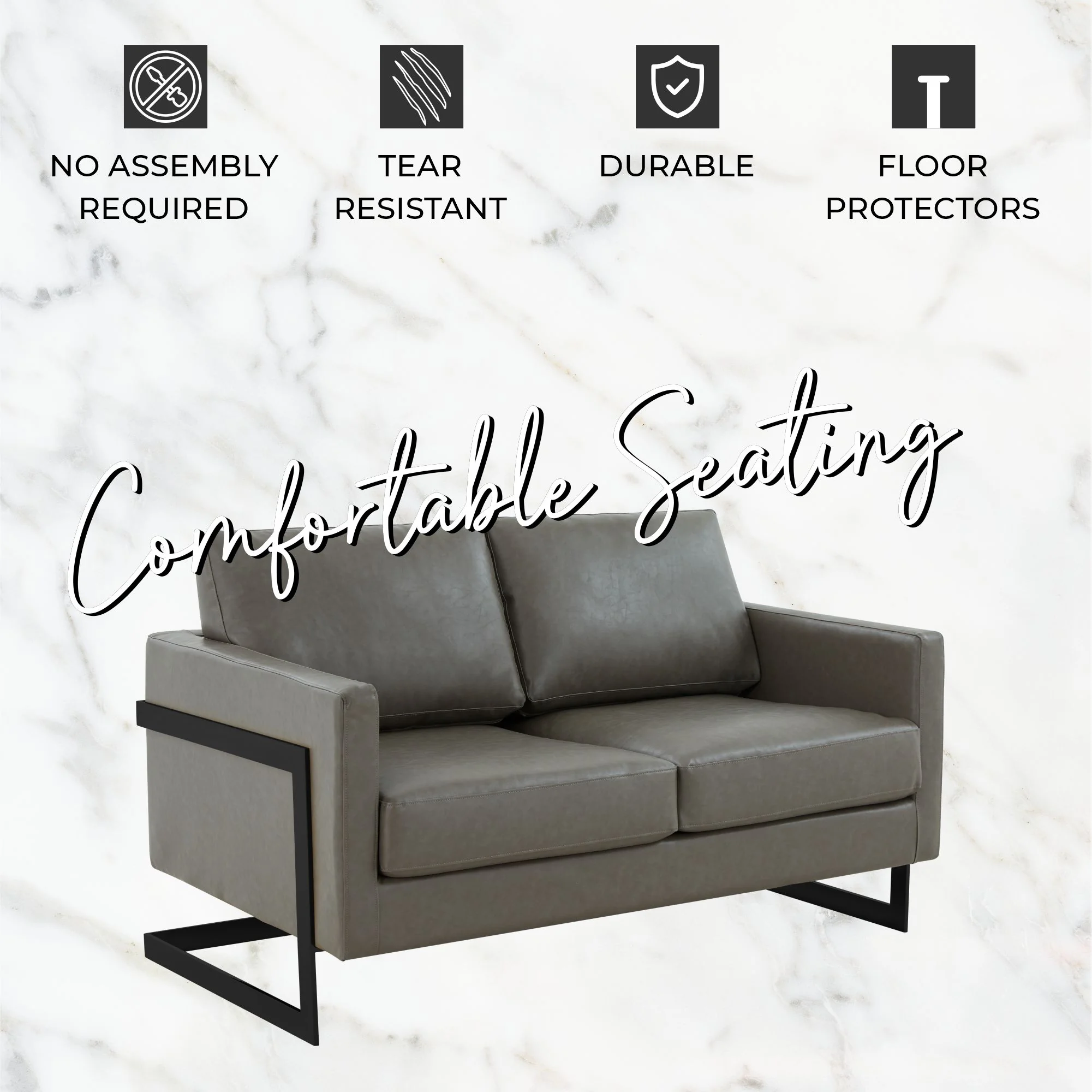 Lincoln Grey Leather Loveseat With Black Frame