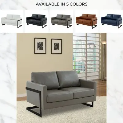 Lincoln Grey Leather Loveseat With Black Frame