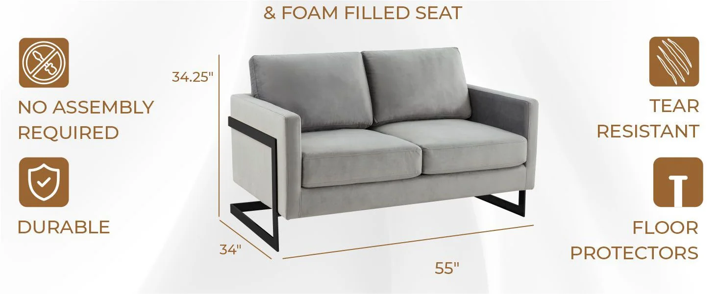 Lincoln Light Grey Velvet Loveseat With Black Frame