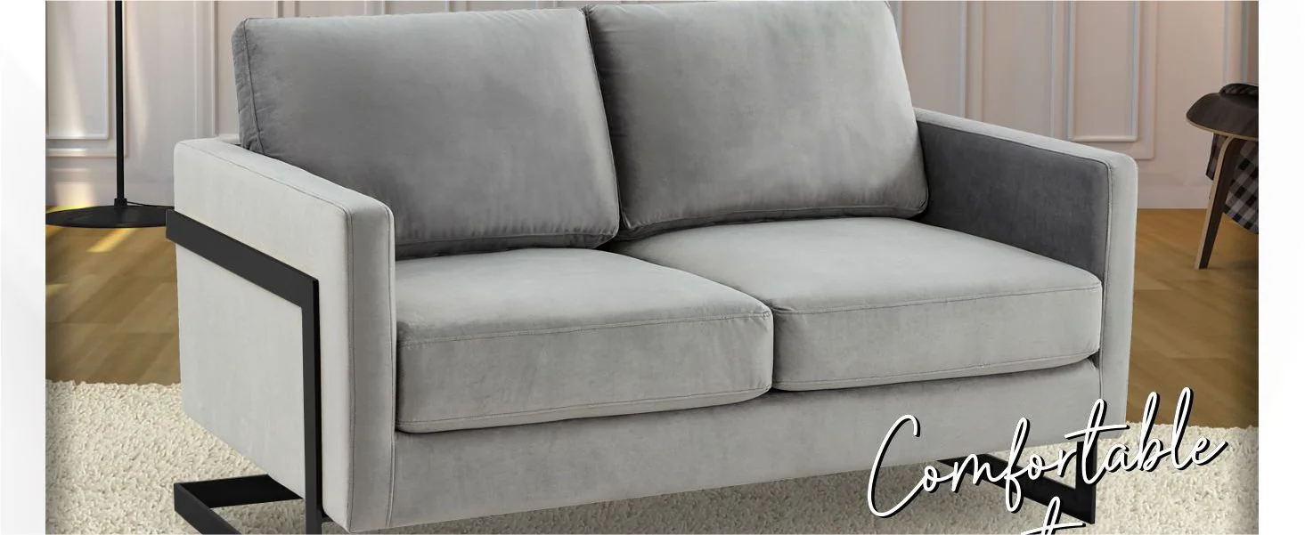 Lincoln Light Grey Velvet Loveseat With Black Frame