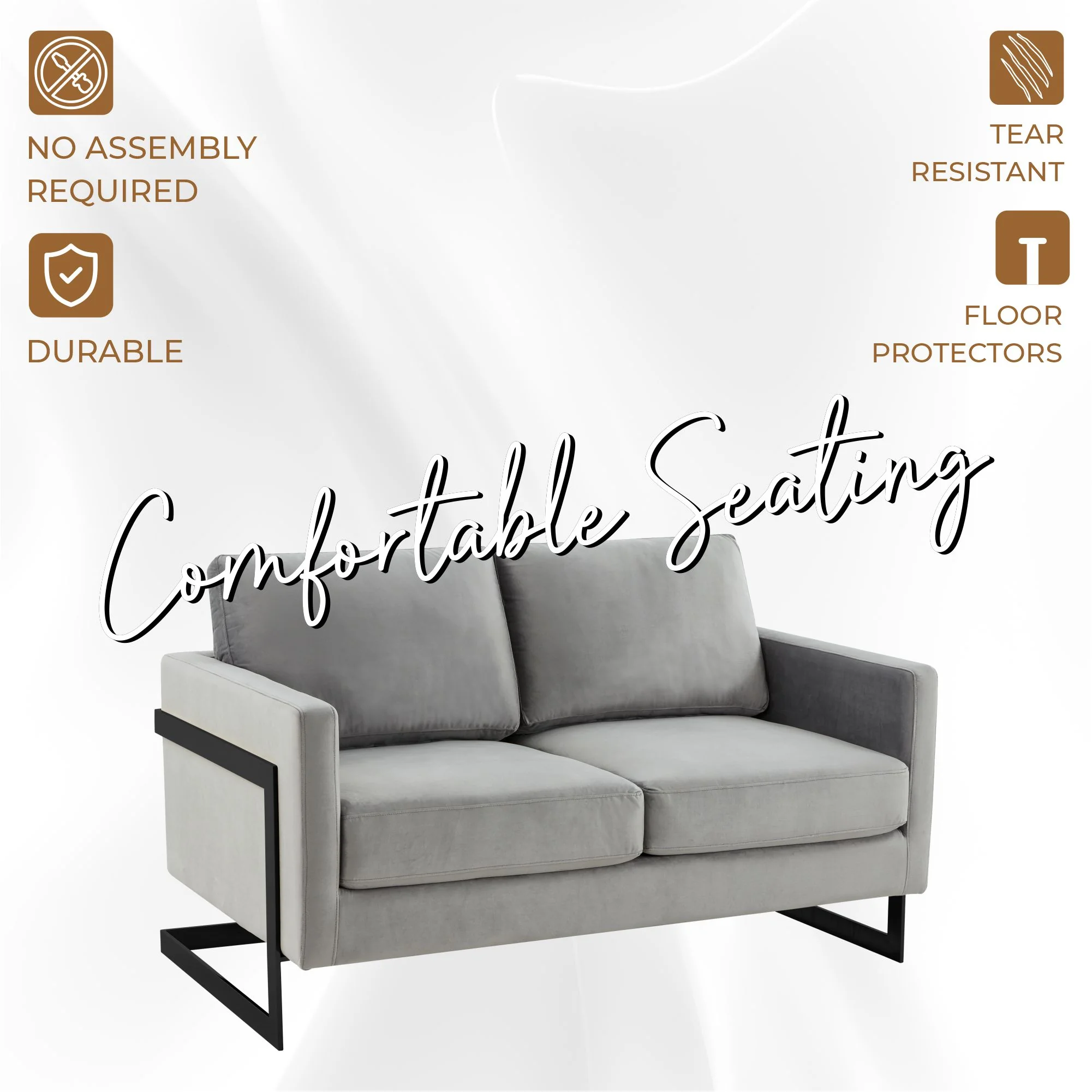 Lincoln Light Grey Velvet Loveseat With Black Frame