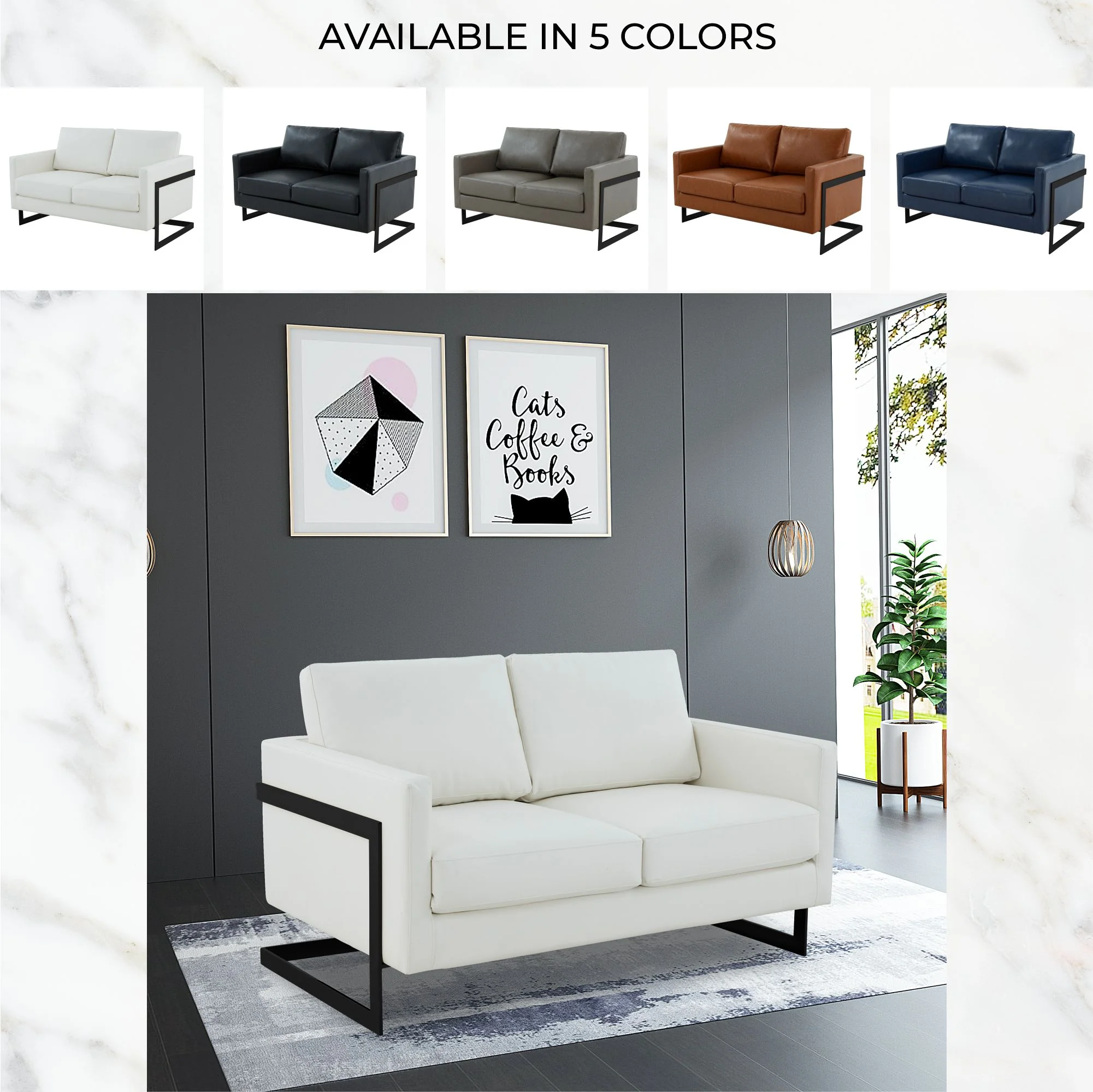 Lincoln White Leather Loveseat With Black Frame