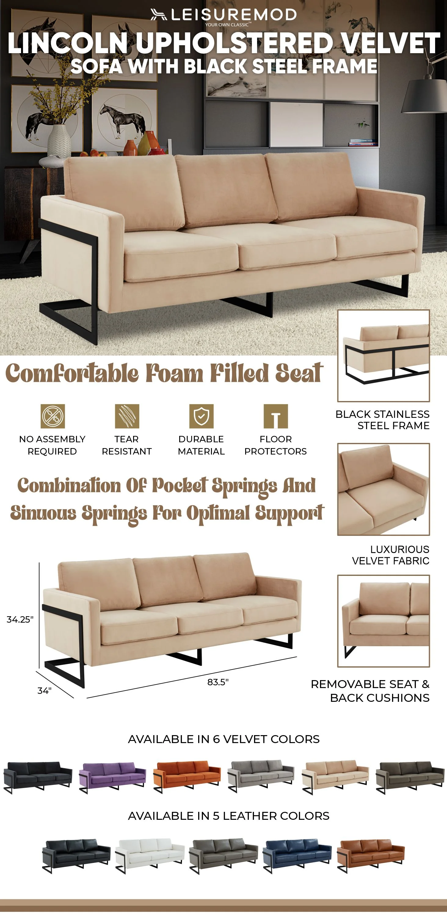 Lincoln Beige Velvet Sofa With Black Frame