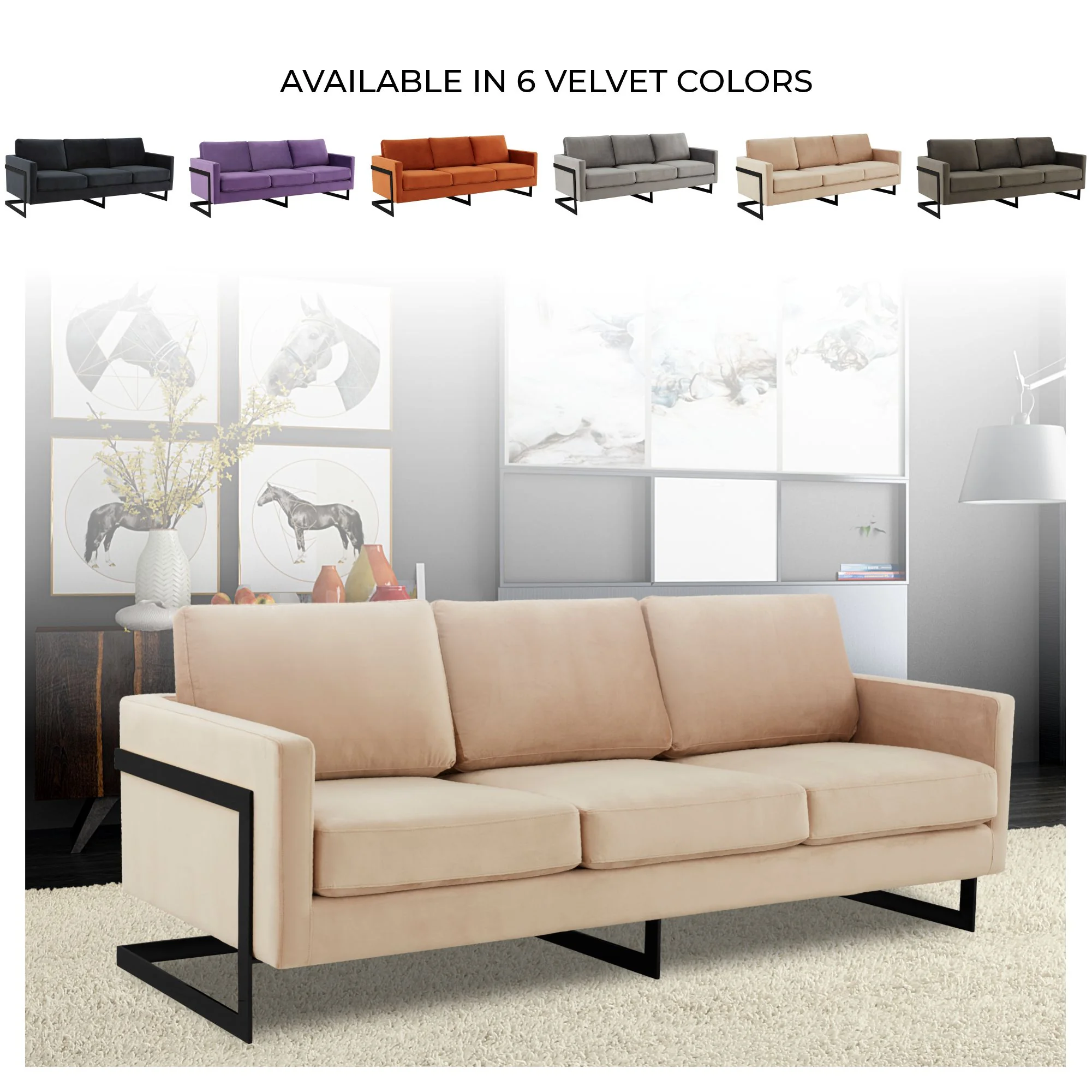 Lincoln Beige Velvet Sofa With Black Frame