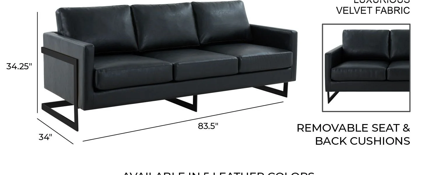 Lincoln Black Leather Sofa With Black Frame