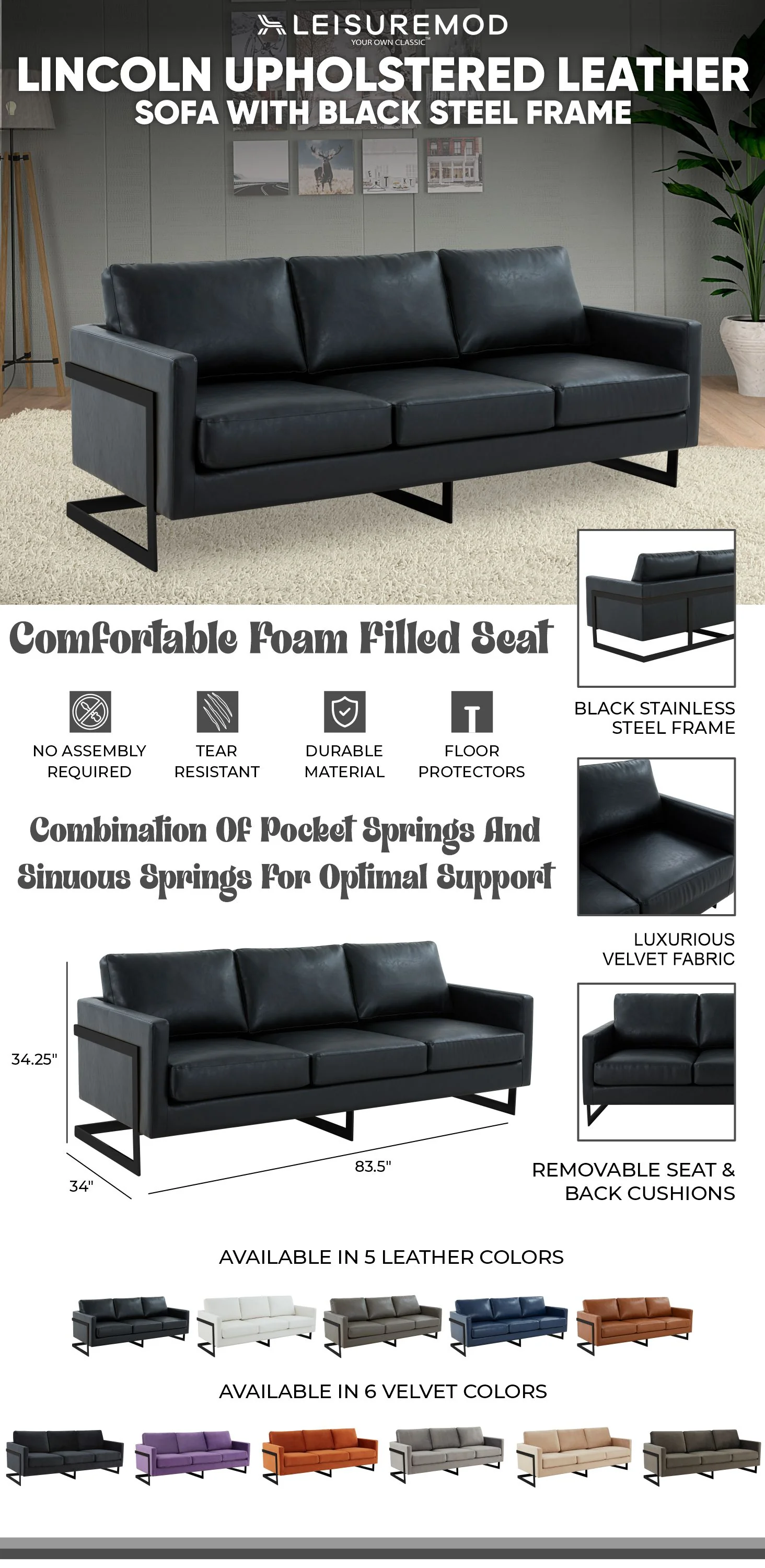 Lincoln Black Leather Sofa With Black Frame