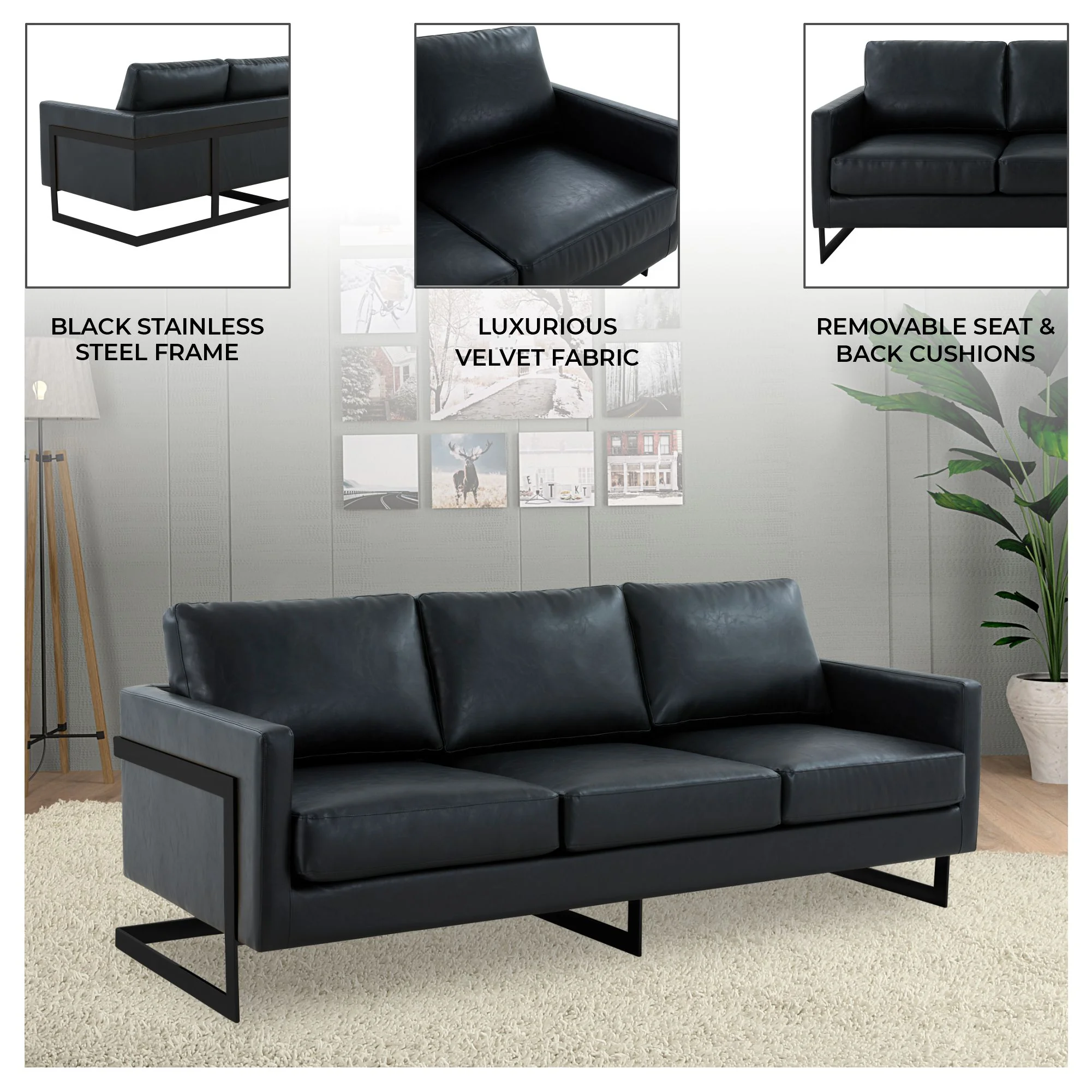 Lincoln Black Leather Sofa With Black Frame