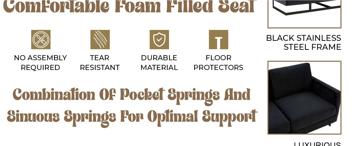 Lincoln Black Velvet Sofa With Black Frame